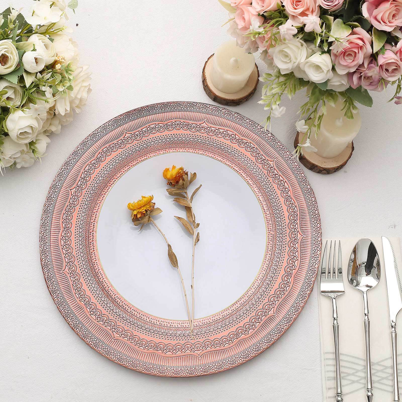 6-Pack Acrylic Charger Plates 13" Round Rose Gold Lace Embossed Rim - Rustic Plastic Charger Tableware - Image 9