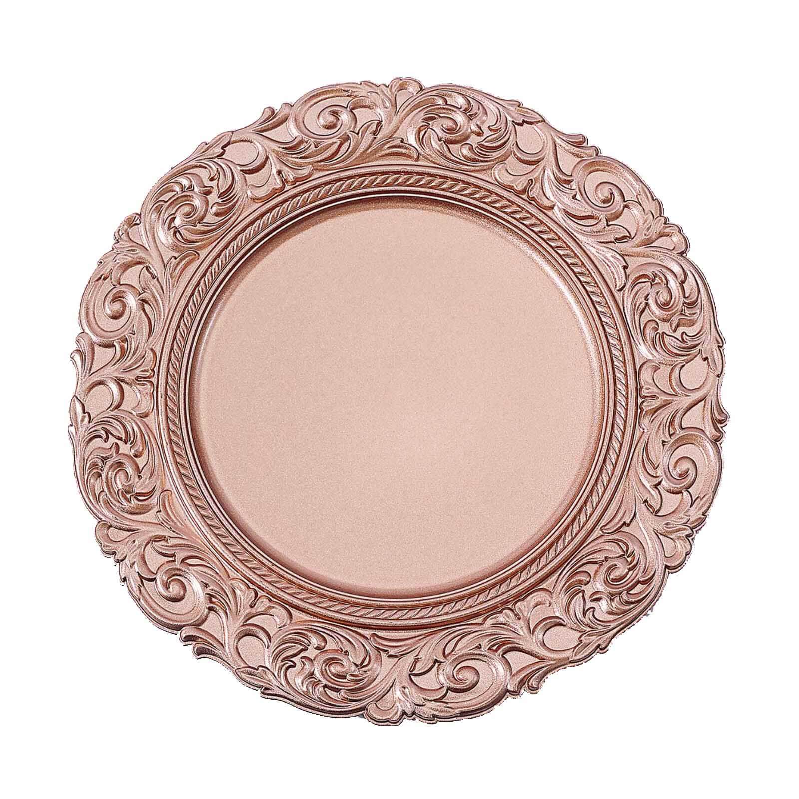 6-Pack Acrylic Charger Plates 14" Round Rose Gold with Engraved Baroque Rim - Vintage Disposable Decorative Chargers - Image 6
