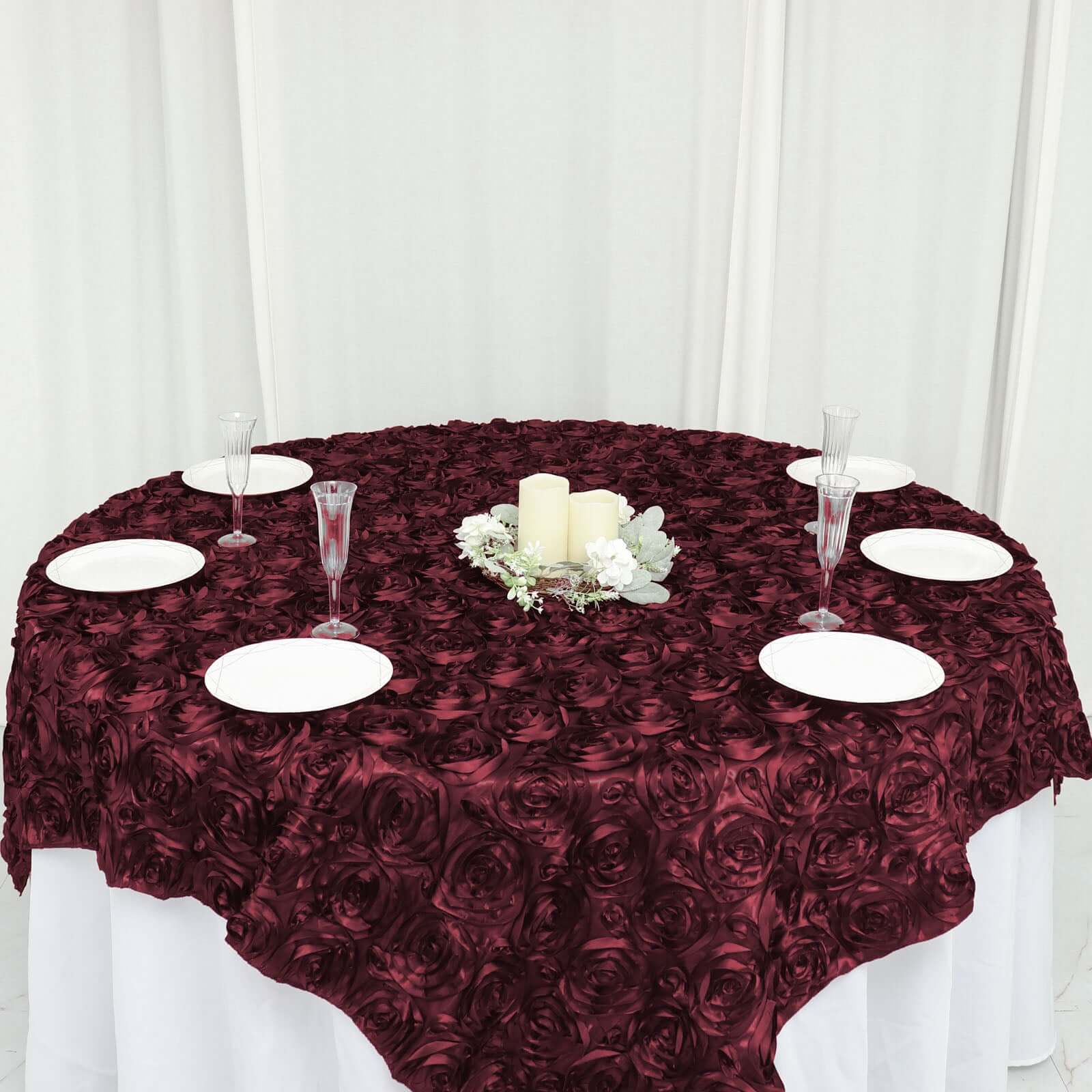 Rosette Satin Square Table Overlay 72"x72" Burgundy - 3D Table Topper - Image 5