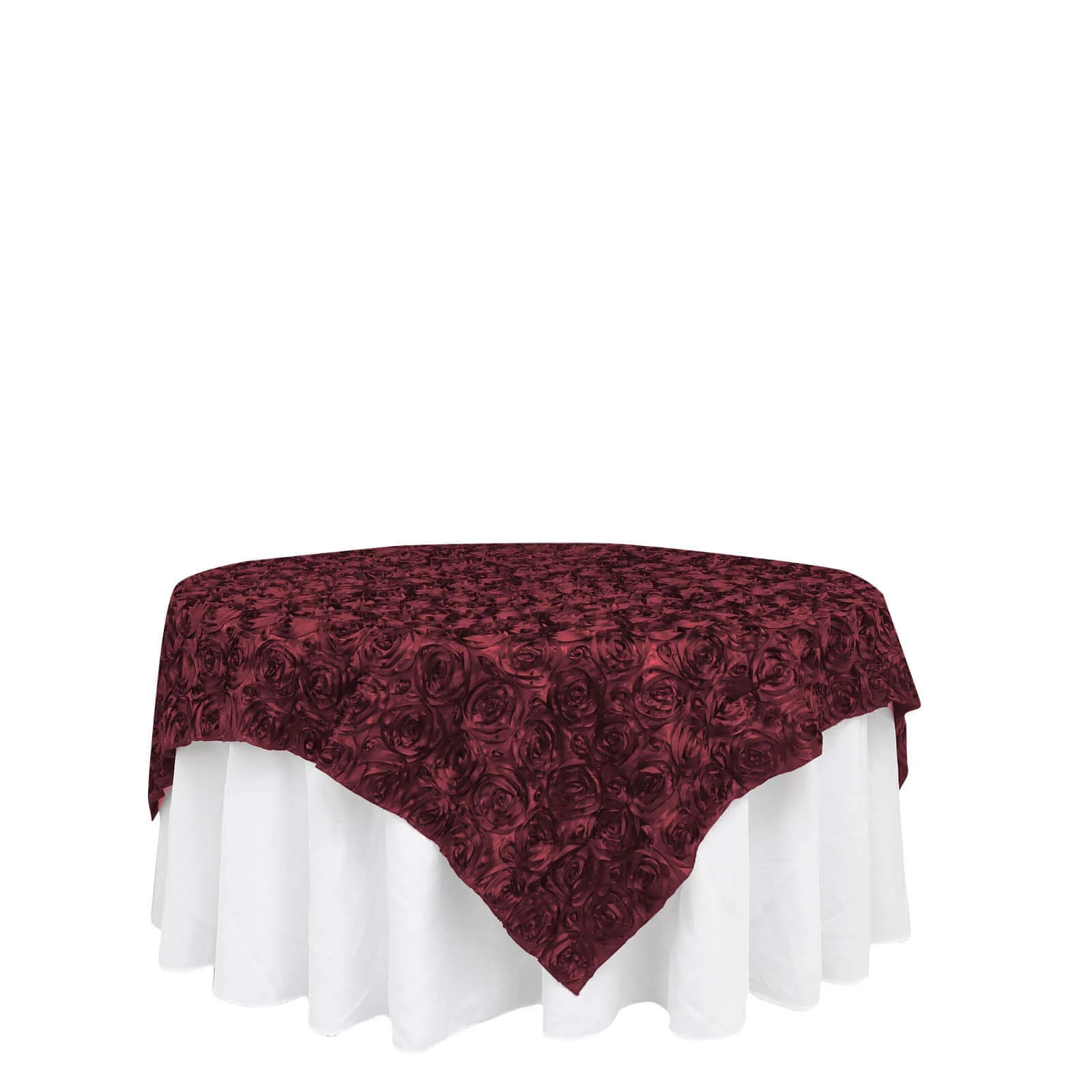 Rosette Satin Square Table Overlay 72"x72" Burgundy - 3D Table Topper - Image 6