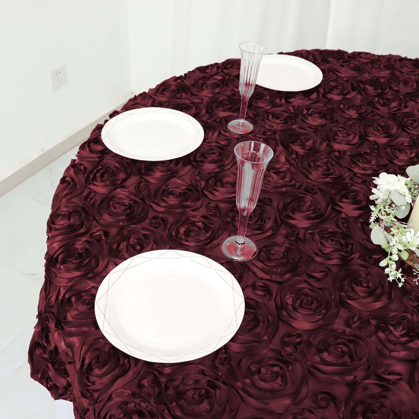 Rosette Satin Square Table Overlay 72"x72" Burgundy - 3D Table Topper - Image 7