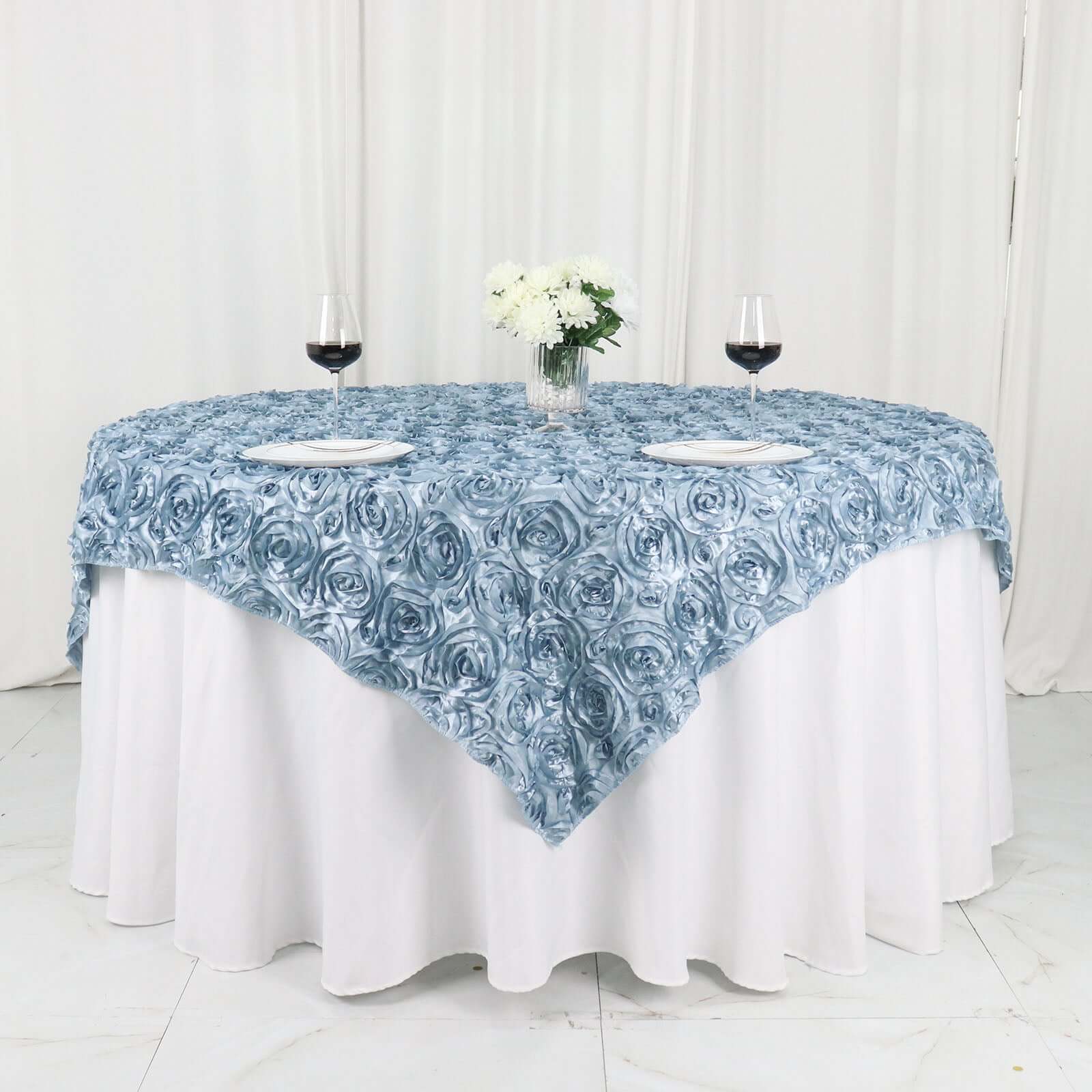 Rosette Satin Square Table Overlay 72"x72" Dusty Blue - 3D Table Topper