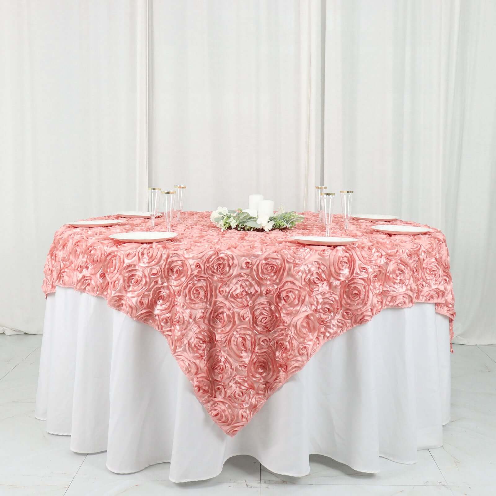 Rosette Satin Square Table Overlay 72"x72" Dusty Rose - 3D Table Topper - Image 7