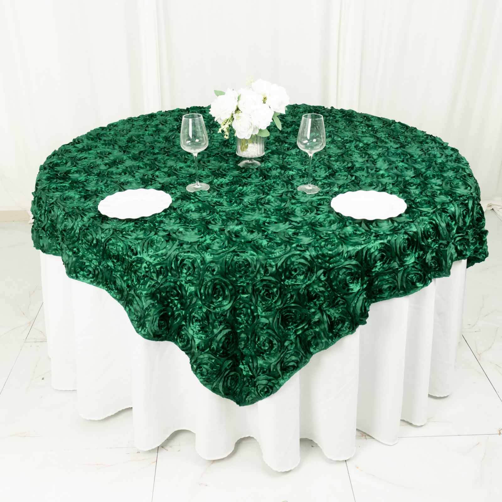 Rosette Satin Square Table Overlay 72"x72" Hunter Emerald Green - 3D Table Topper - Image 3