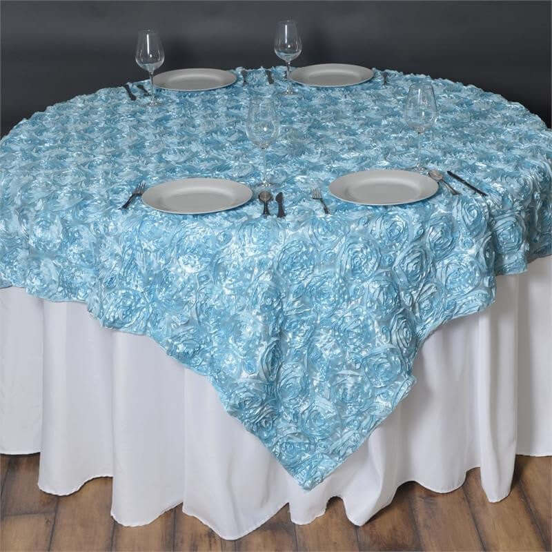 Rosette Satin Square Table Overlay 72"x72" Light Blue - 3D Table Topper - Image 2