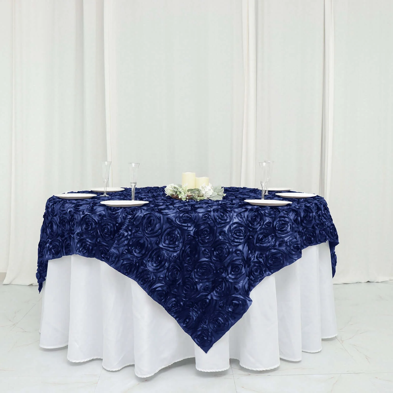 Rosette Satin Square Table Overlay 72"x72" Navy Blue - 3D Table Topper