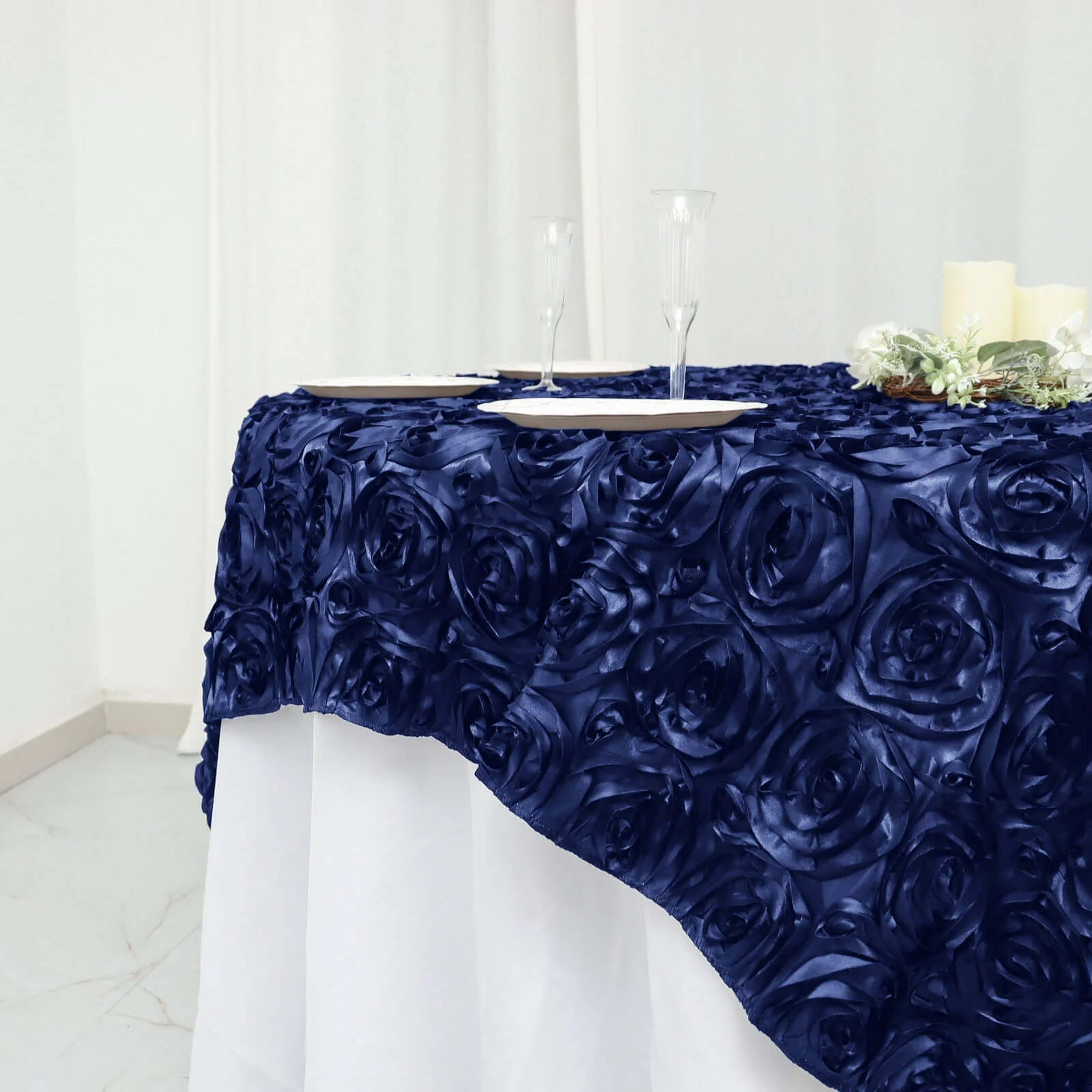 Rosette Satin Square Table Overlay 72"x72" Navy Blue - 3D Table Topper - Image 2