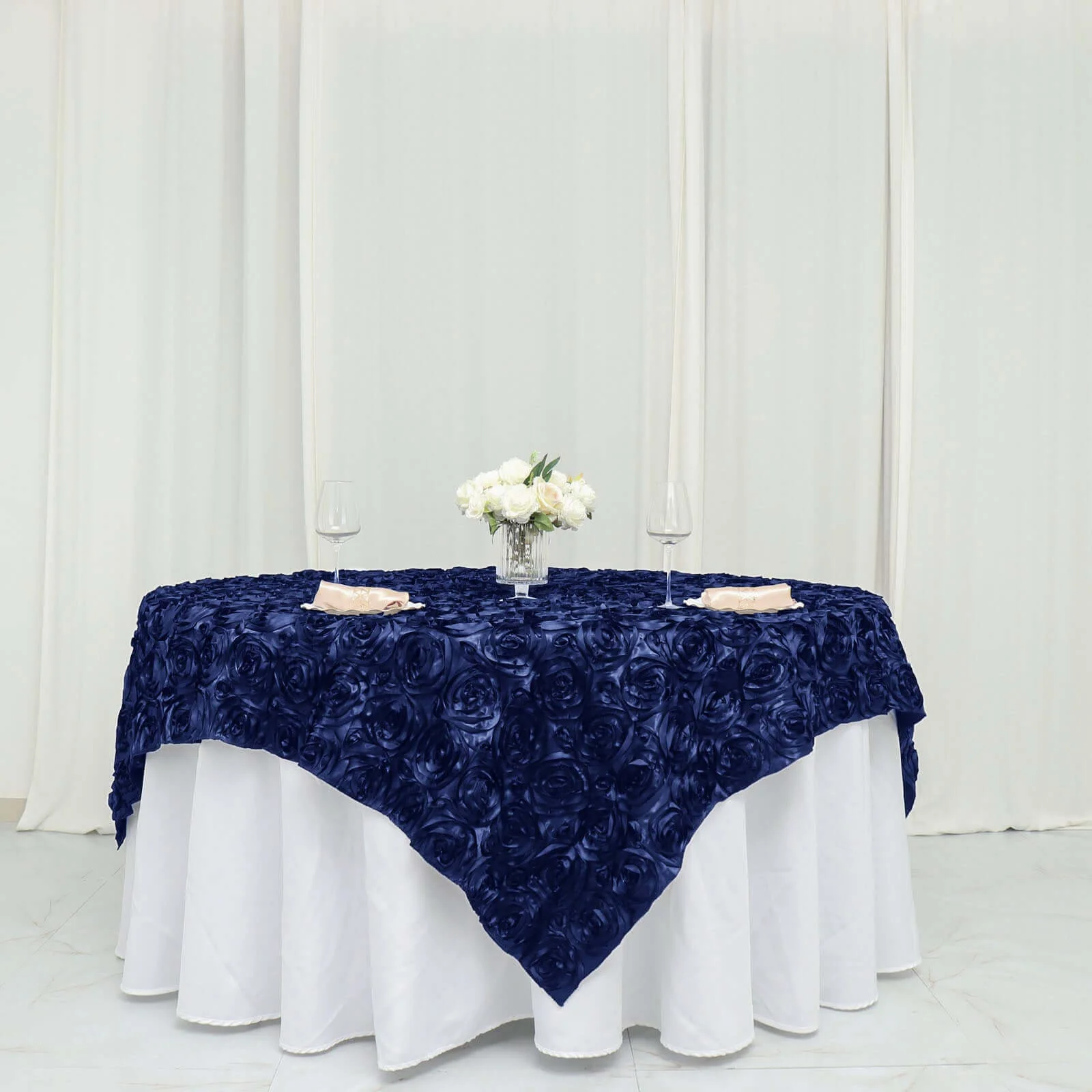 Rosette Satin Square Table Overlay 72"x72" Navy Blue - 3D Table Topper - Image 8