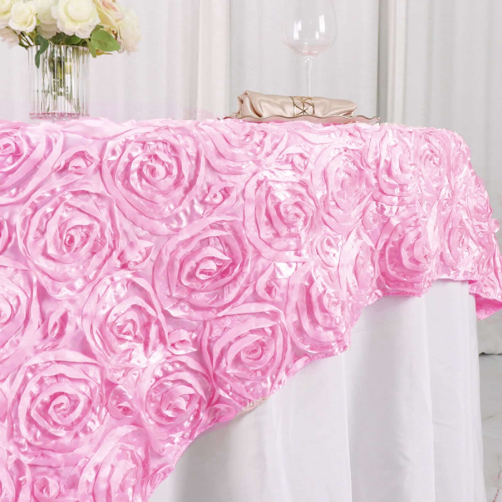 Rosette Satin Square Table Overlay 72"x72" Pink - 3D Table Topper - Image 2