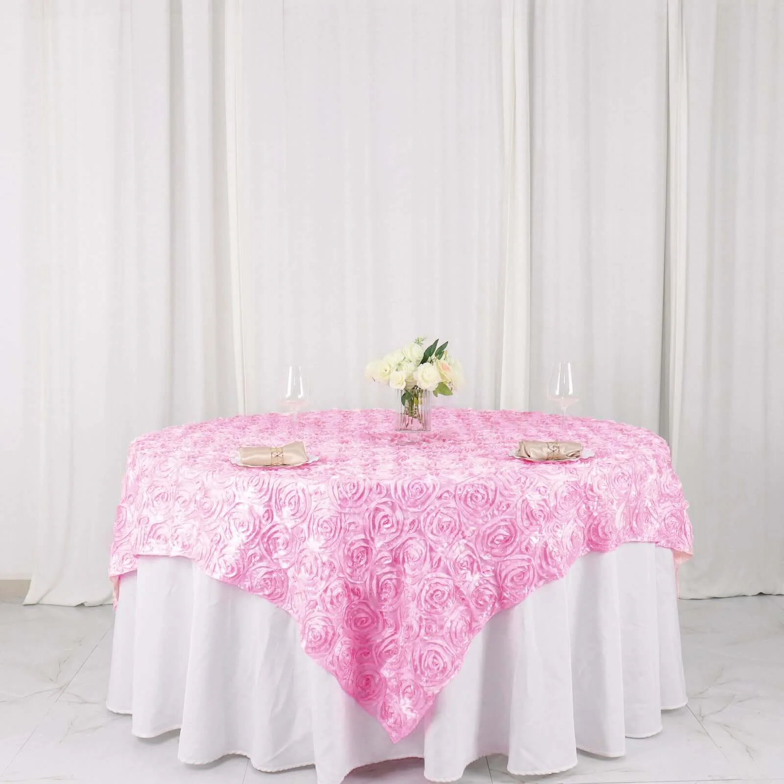 Rosette Satin Square Table Overlay 72"x72" Pink - 3D Table Topper - Image 3