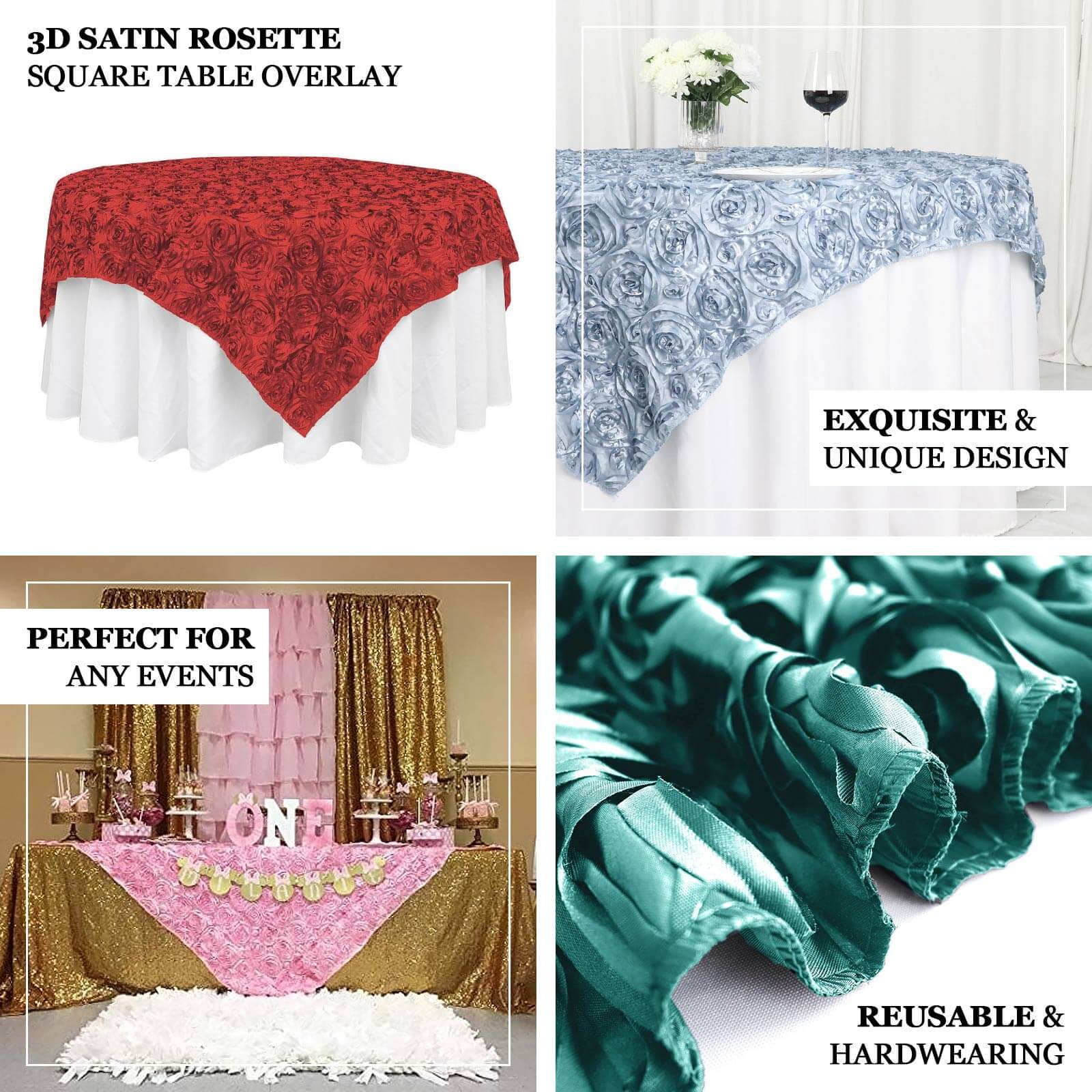 Rosette Satin Square Table Overlay 72"x72" Pink - 3D Table Topper - Image 4