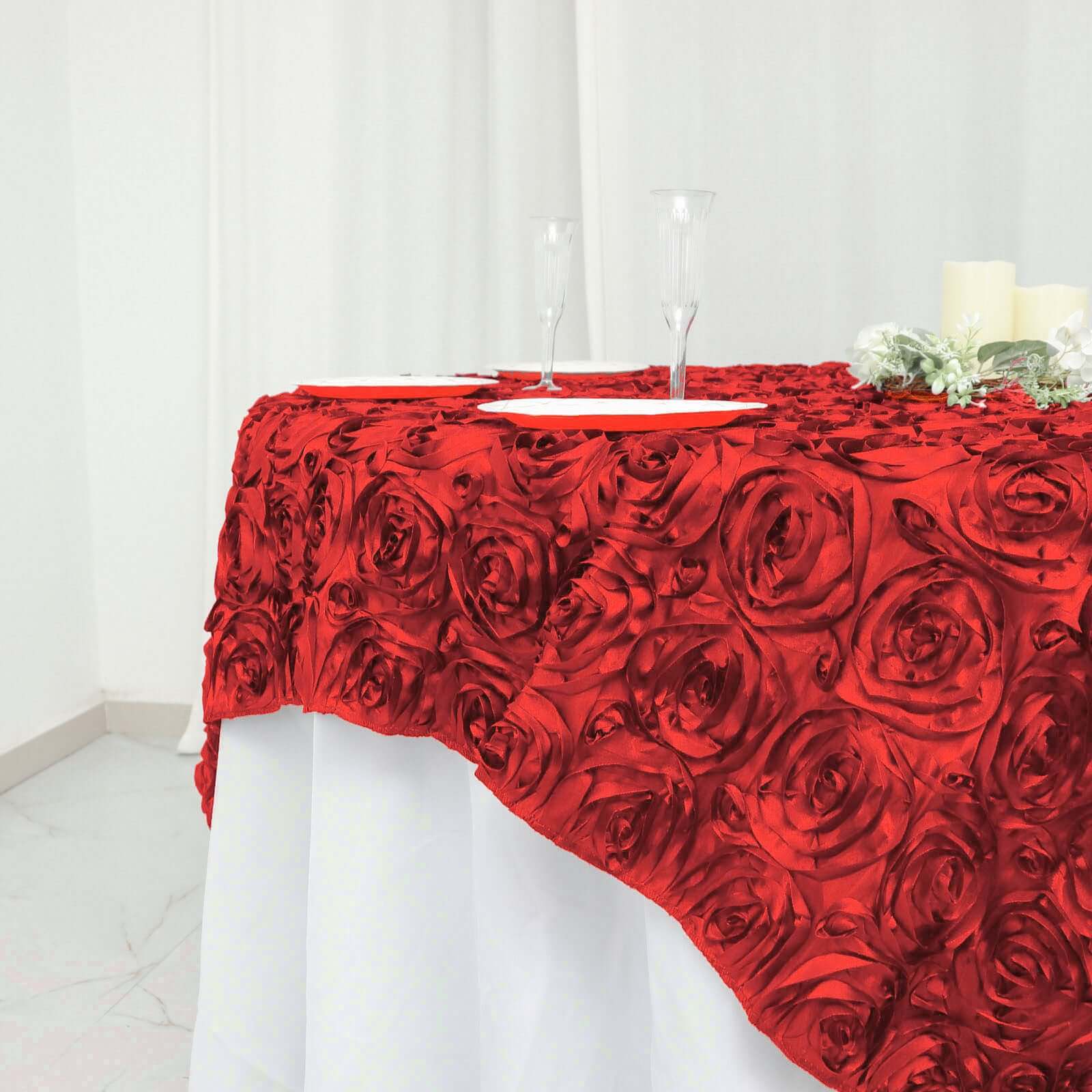 Rosette Satin Square Table Overlay 72"x72" Red - 3D Table Topper - Image 2