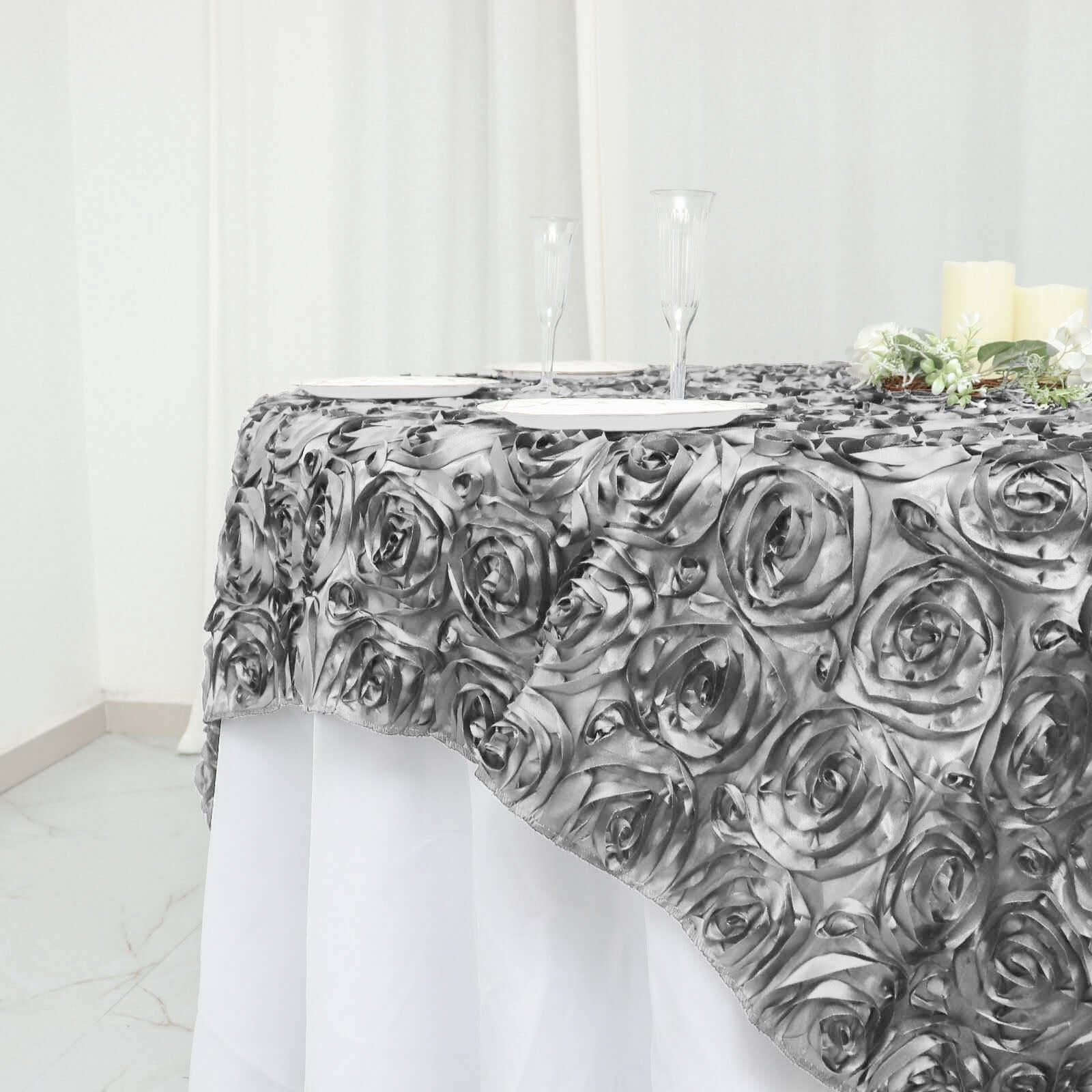 Rosette Satin Square Table Overlay 72"x72" Silver - 3D Table Topper - Image 2