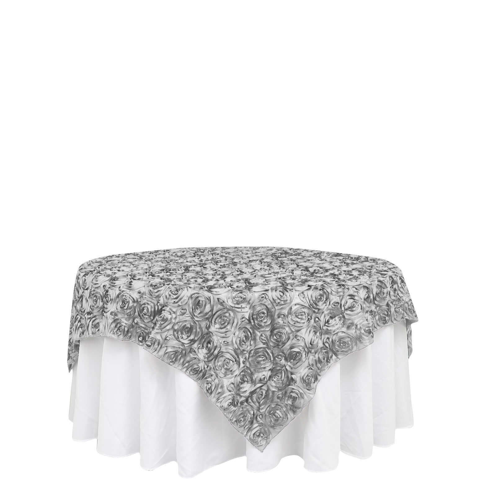 Rosette Satin Square Table Overlay 72"x72" Silver - 3D Table Topper - Image 7