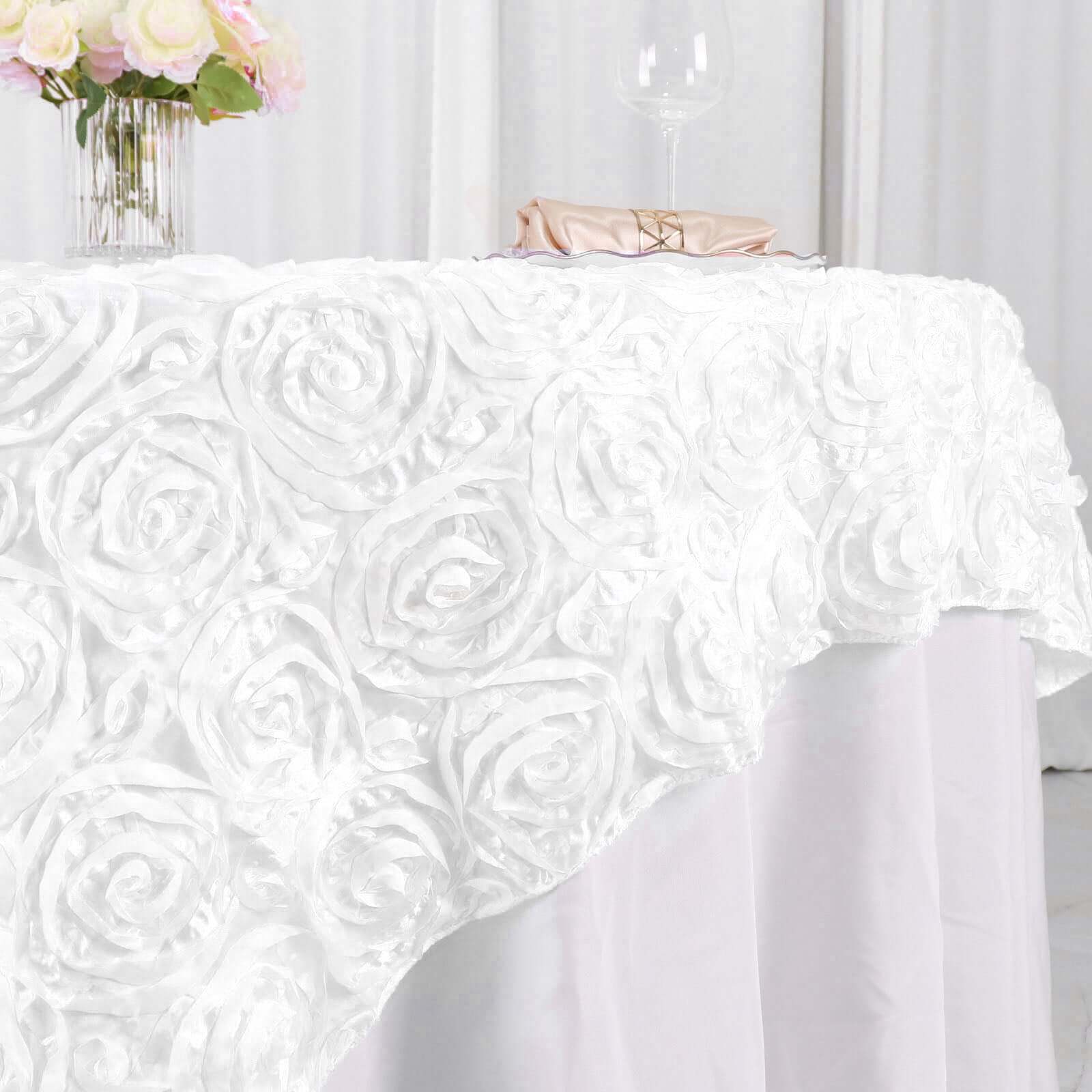 Rosette Satin Square Table Overlay 72"x72" White - Stylish 3D Design for Weddings and Luxe Celebrations - Image 2
