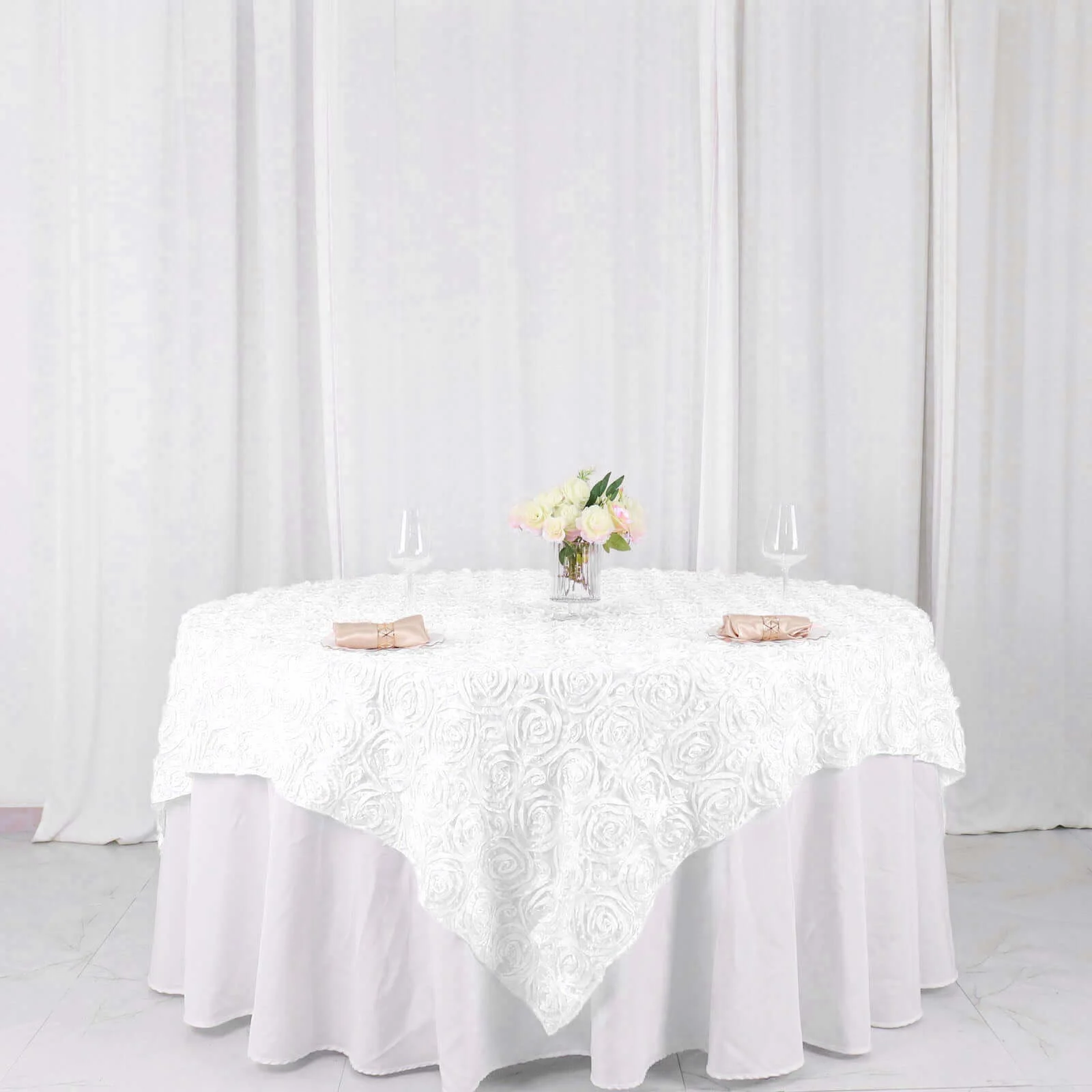Rosette Satin Square Table Overlay 72"x72" White - Stylish 3D Design for Weddings and Luxe Celebrations - Image 3