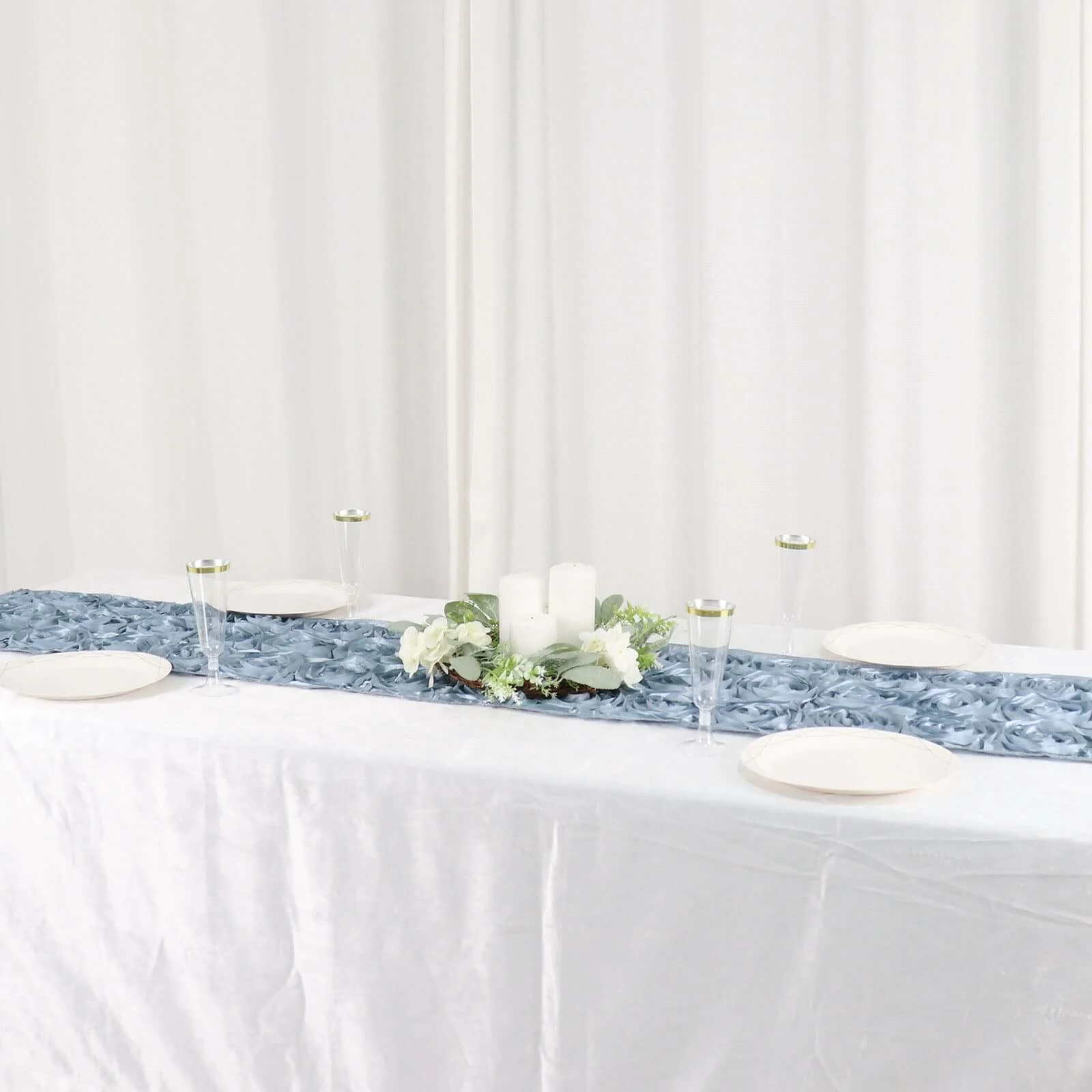 Rosette Satin Table Runner 14"x108" Dusty Blue - Grandiose Fabric Table Decor - Image 14