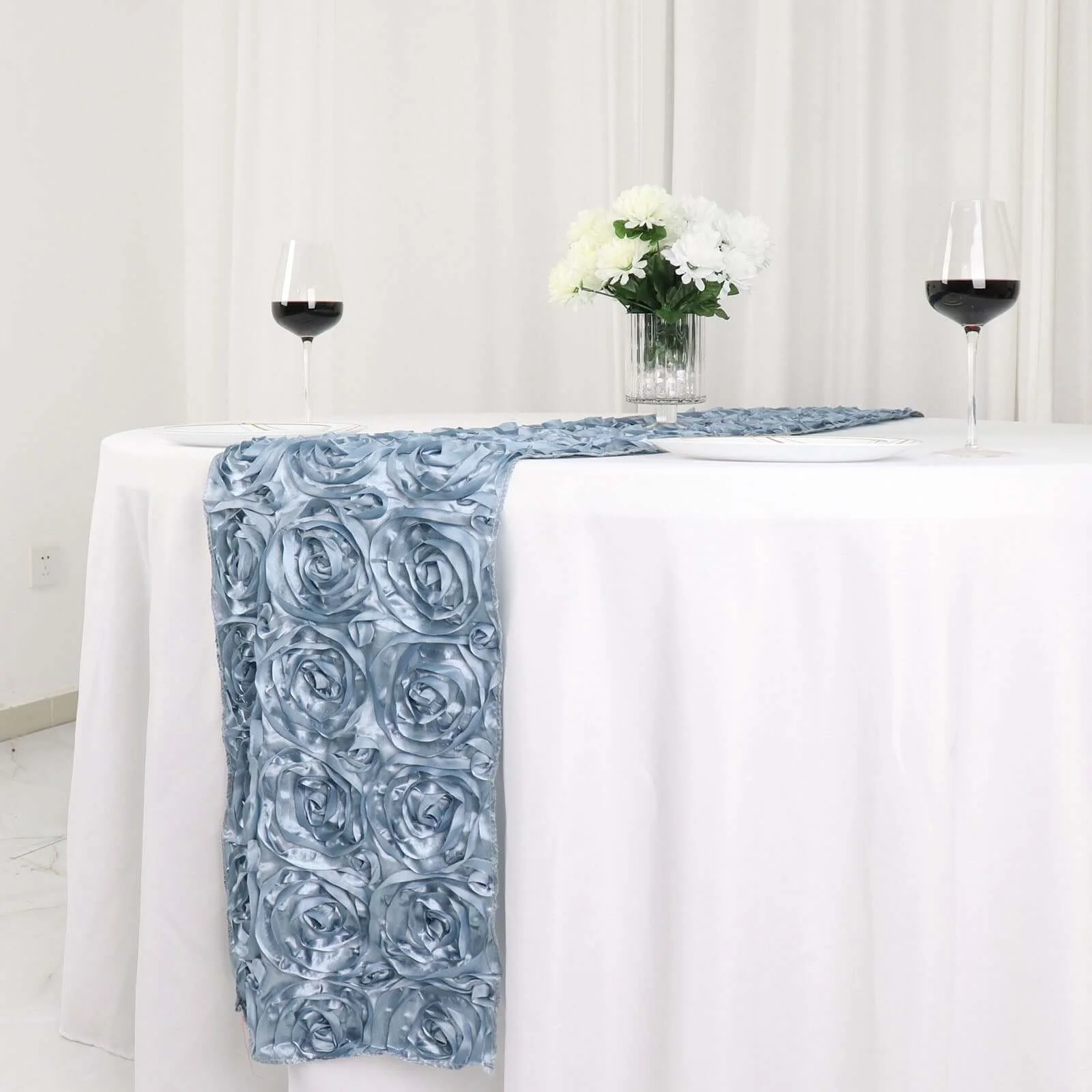 Rosette Satin Table Runner 14"x108" Dusty Blue - Grandiose Fabric Table Decor - Image 2
