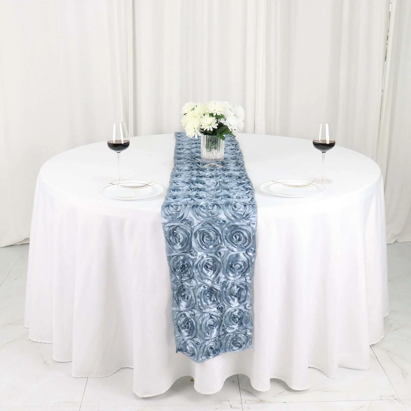 Rosette Satin Table Runner 14"x108" Dusty Blue - Grandiose Fabric Table Decor - Image 6