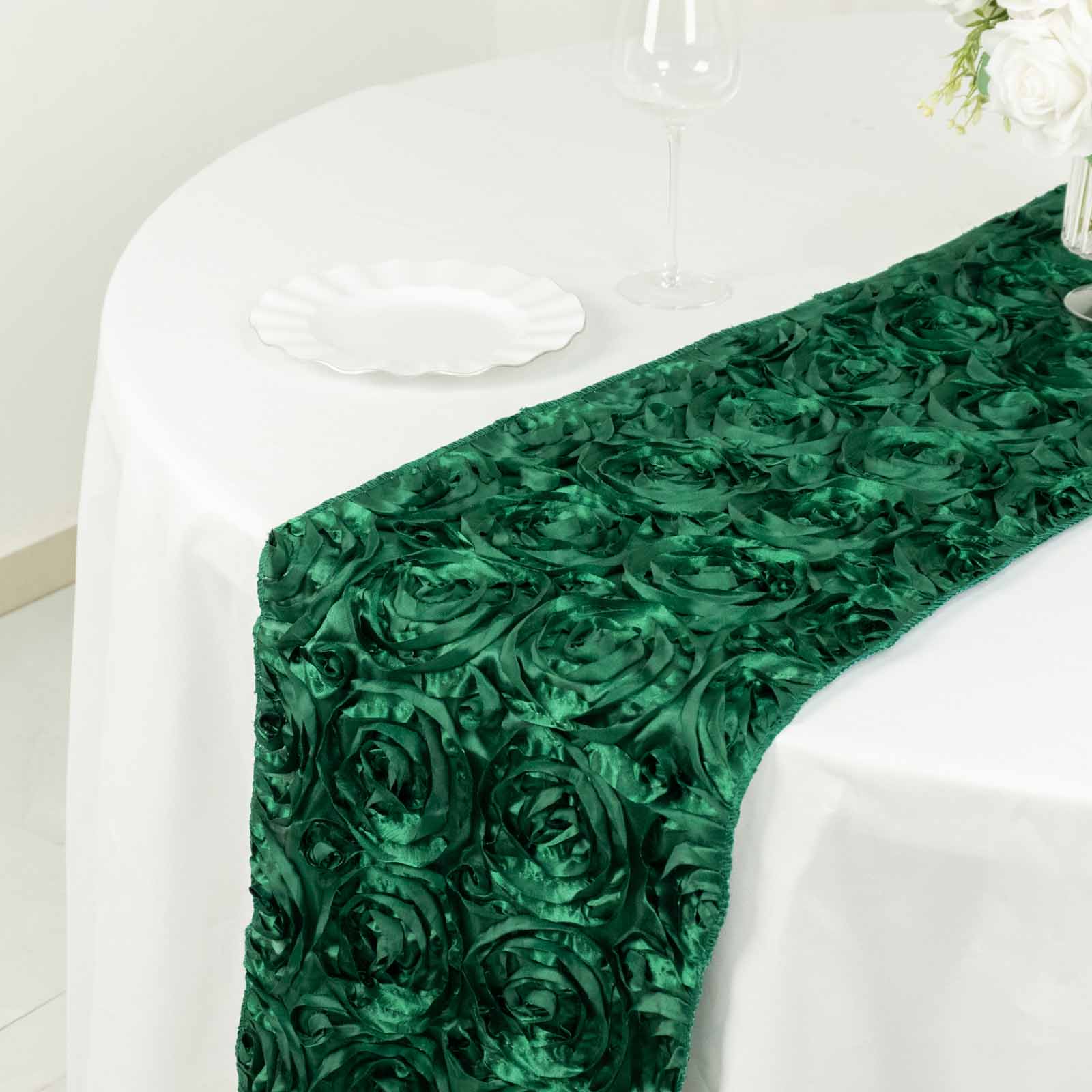 Rosette Satin Table Runner 14"x108" Hunter Emerald Green - Grandiose Fabric Table Decor - Image 3