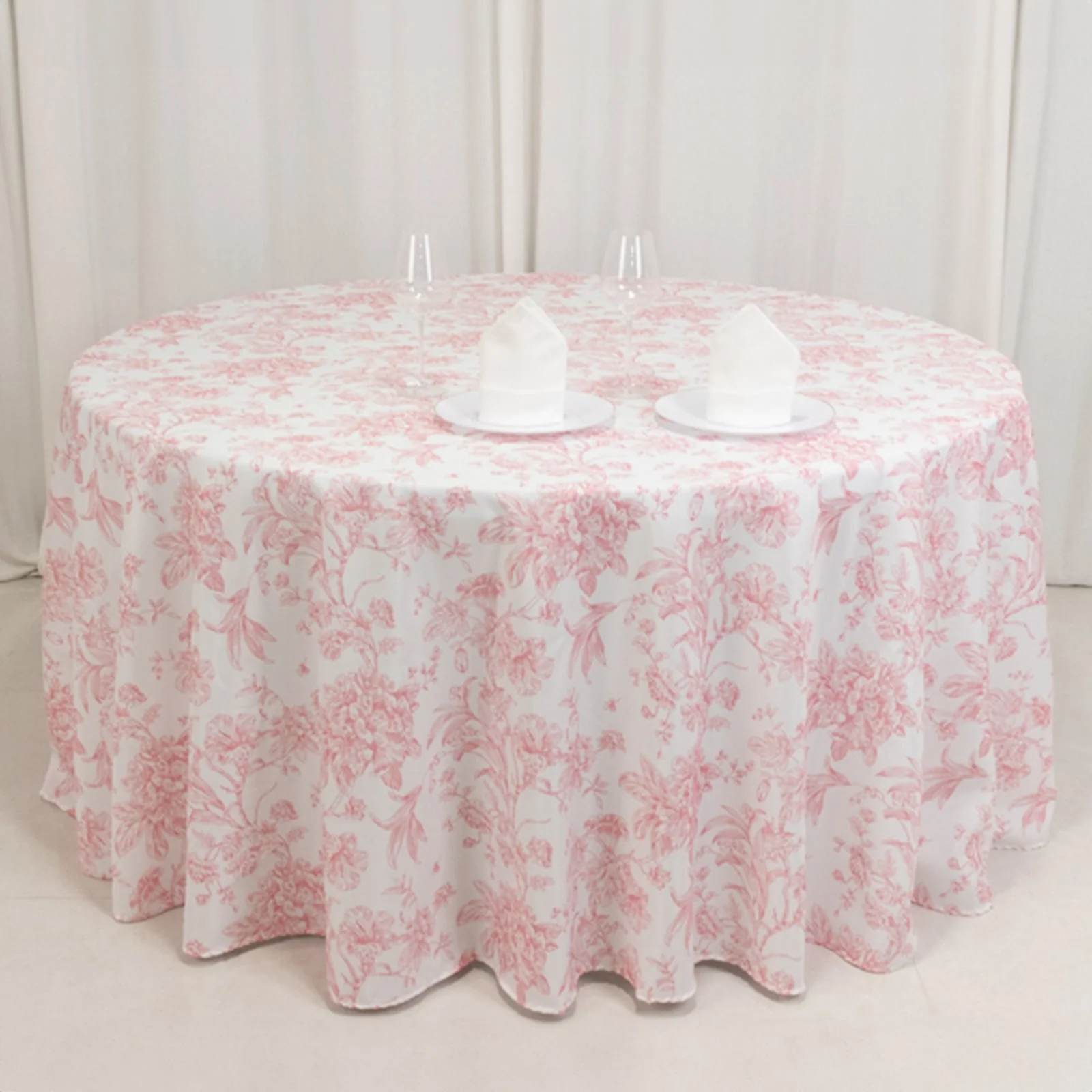 Polyester Round Tablecloth 120" White with Pink French Toile Pattern - Sophisticated Table Cover for Chic Weddings & Events - Image 10