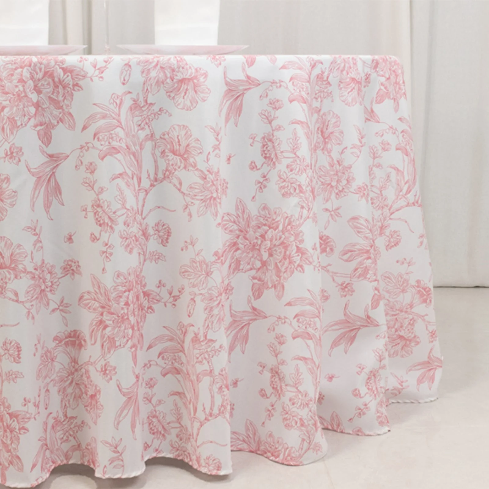 Polyester Round Tablecloth 120" White with Pink French Toile Pattern - Sophisticated Table Cover for Chic Weddings & Events - Image 2