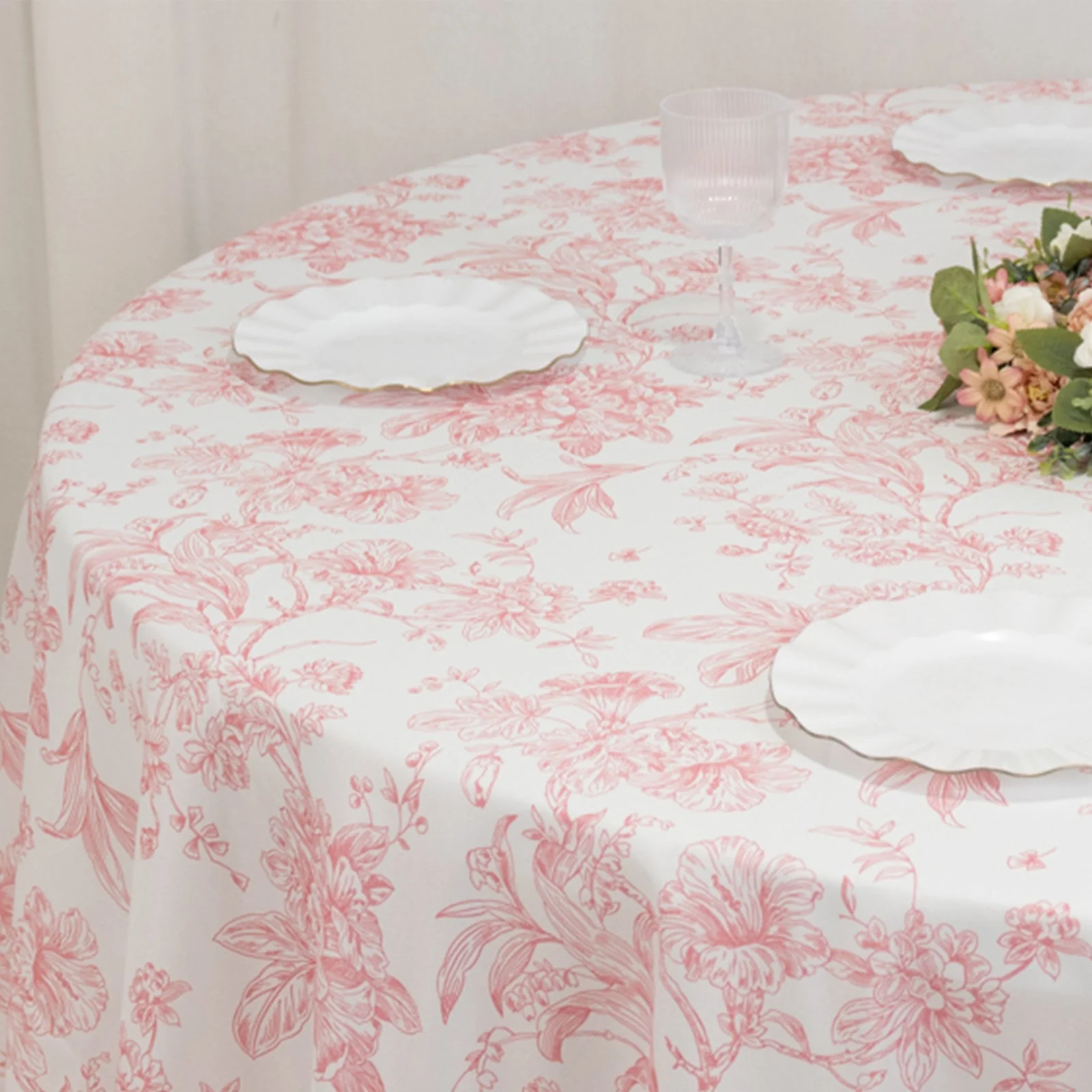 Polyester Round Tablecloth 120" White with Pink French Toile Pattern - Sophisticated Table Cover for Chic Weddings & Events - Image 6