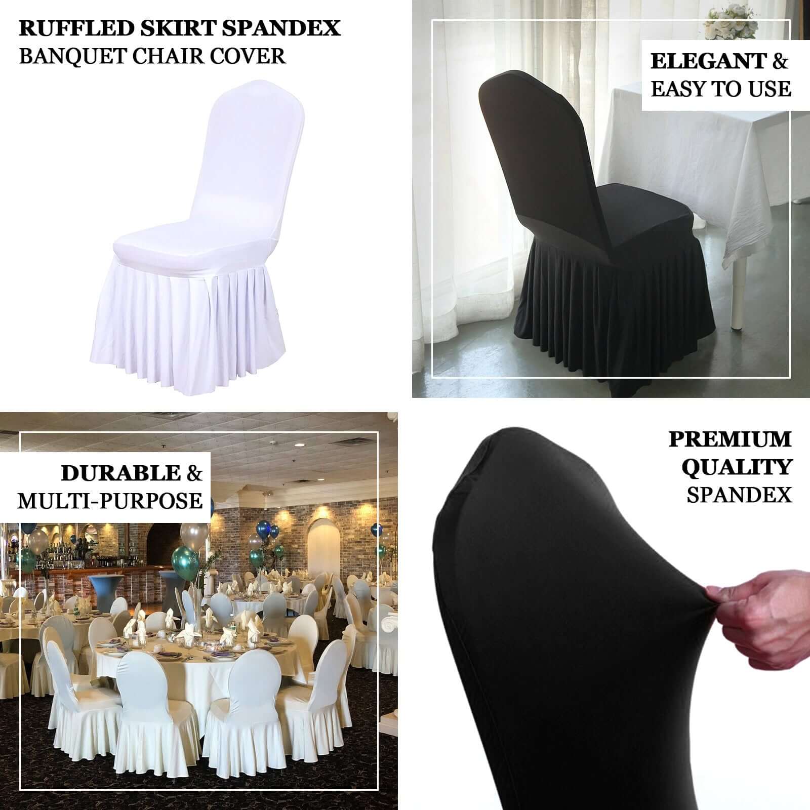Ruffle Pleated Skirt Banquet Spandex Chair Cover Black - 1-Piece Stretch Fitted Slipcover - Image 4