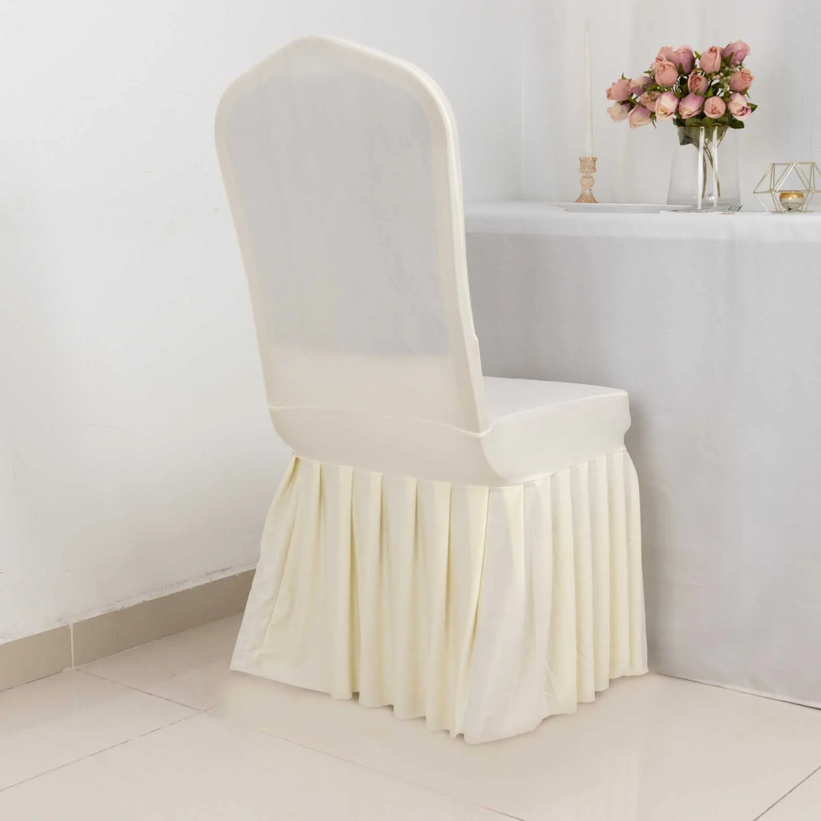 Ruffle Pleated Skirt Banquet Spandex Chair Cover Ivory - 1-Piece Stretch Fitted Slipcover - Image 7