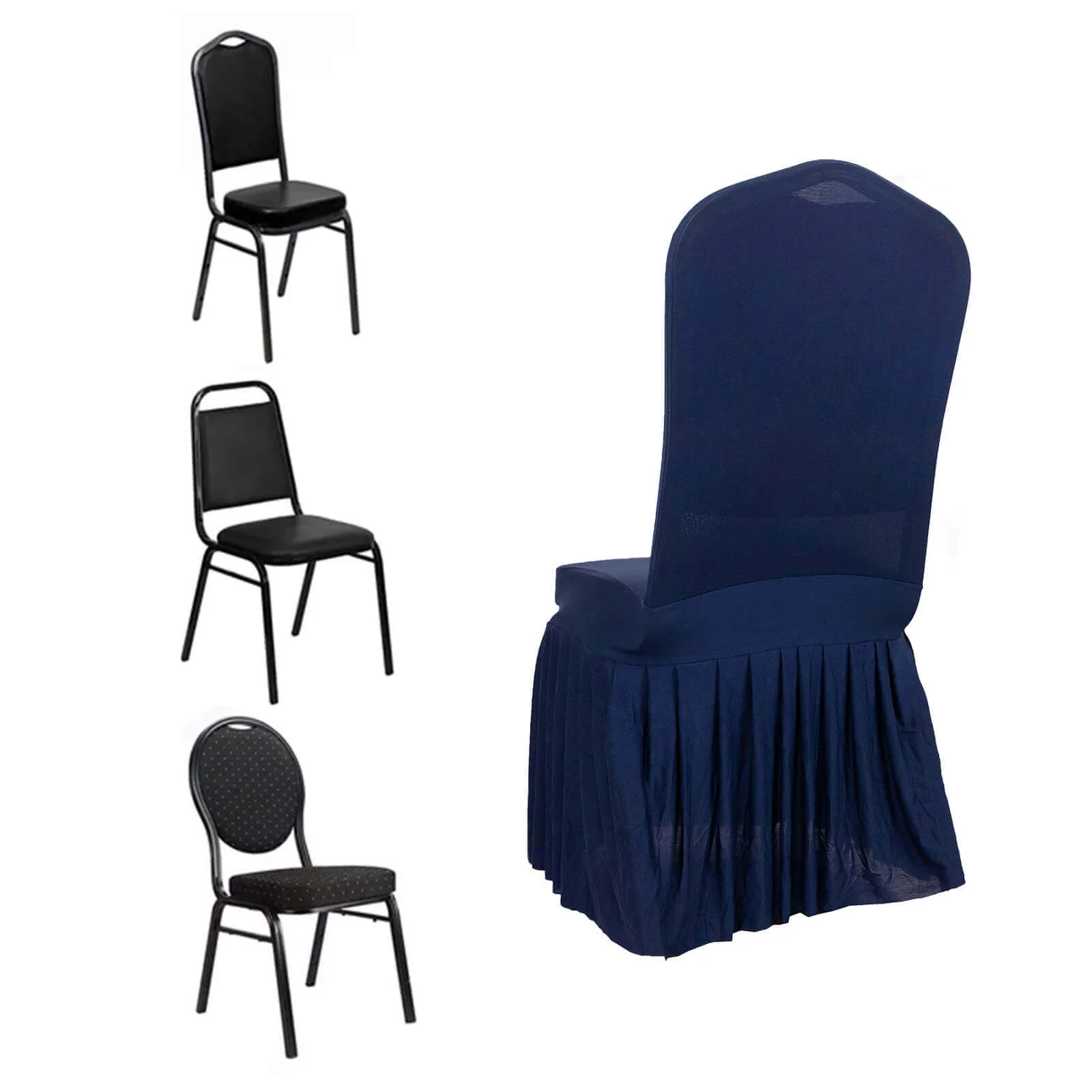 Ruffle Pleated Skirt Banquet Spandex Chair Cover Navy Blue - 1-Piece Stretch Fitted Slipcover - Image 3