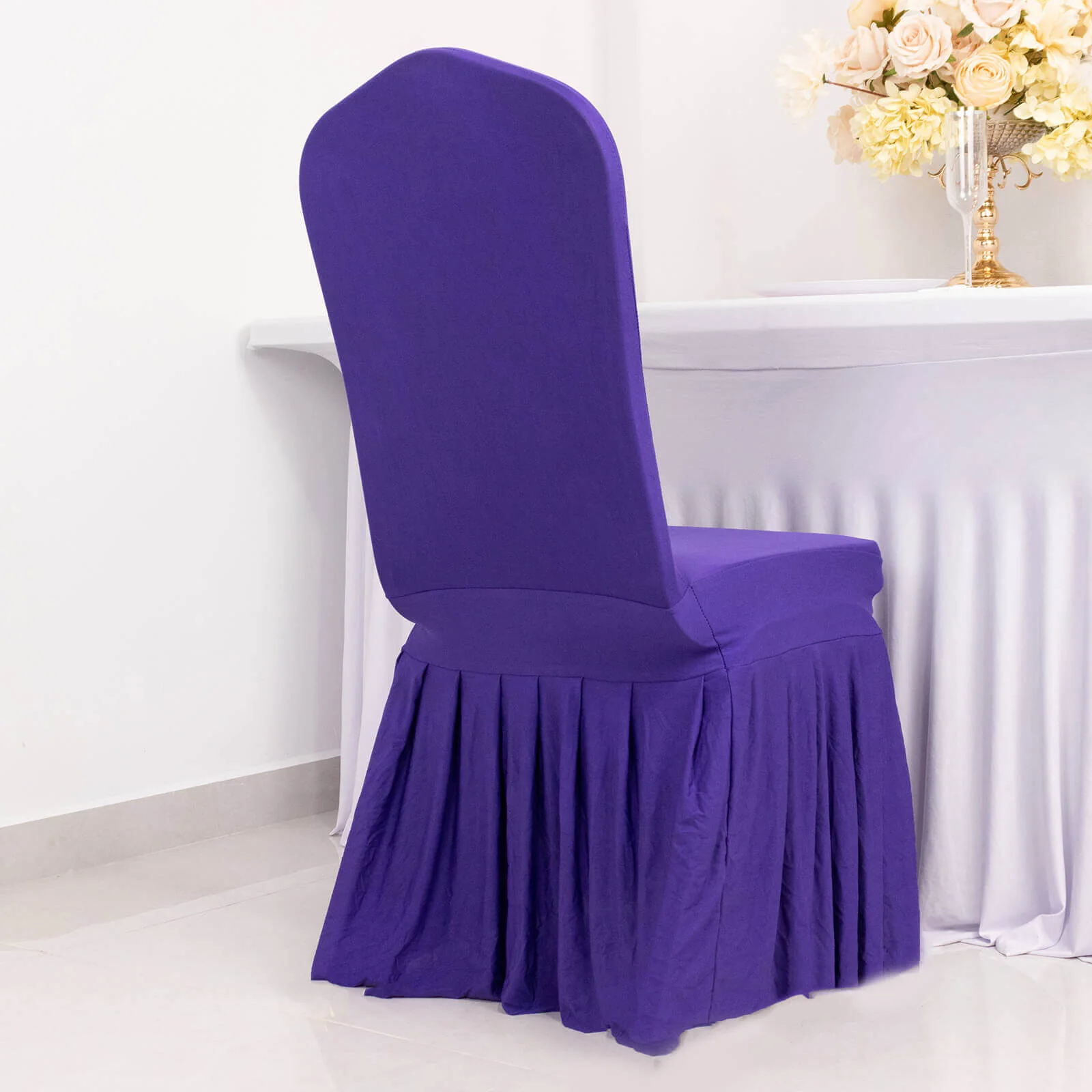 Ruffle Pleated Skirt Banquet Spandex Chair Cover Purple - 1-Piece Stretch Fitted Slipcover - Image 2