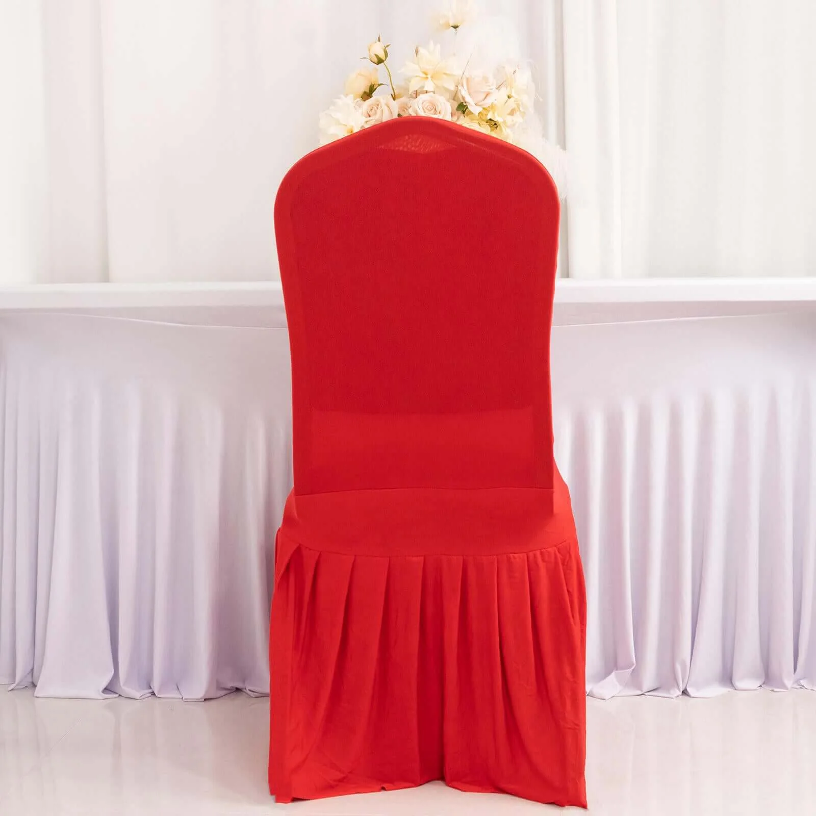 Ruffle Pleated Skirt Banquet Spandex Chair Cover Red - 1-Piece Stretch Fitted Slipcover - Image 17