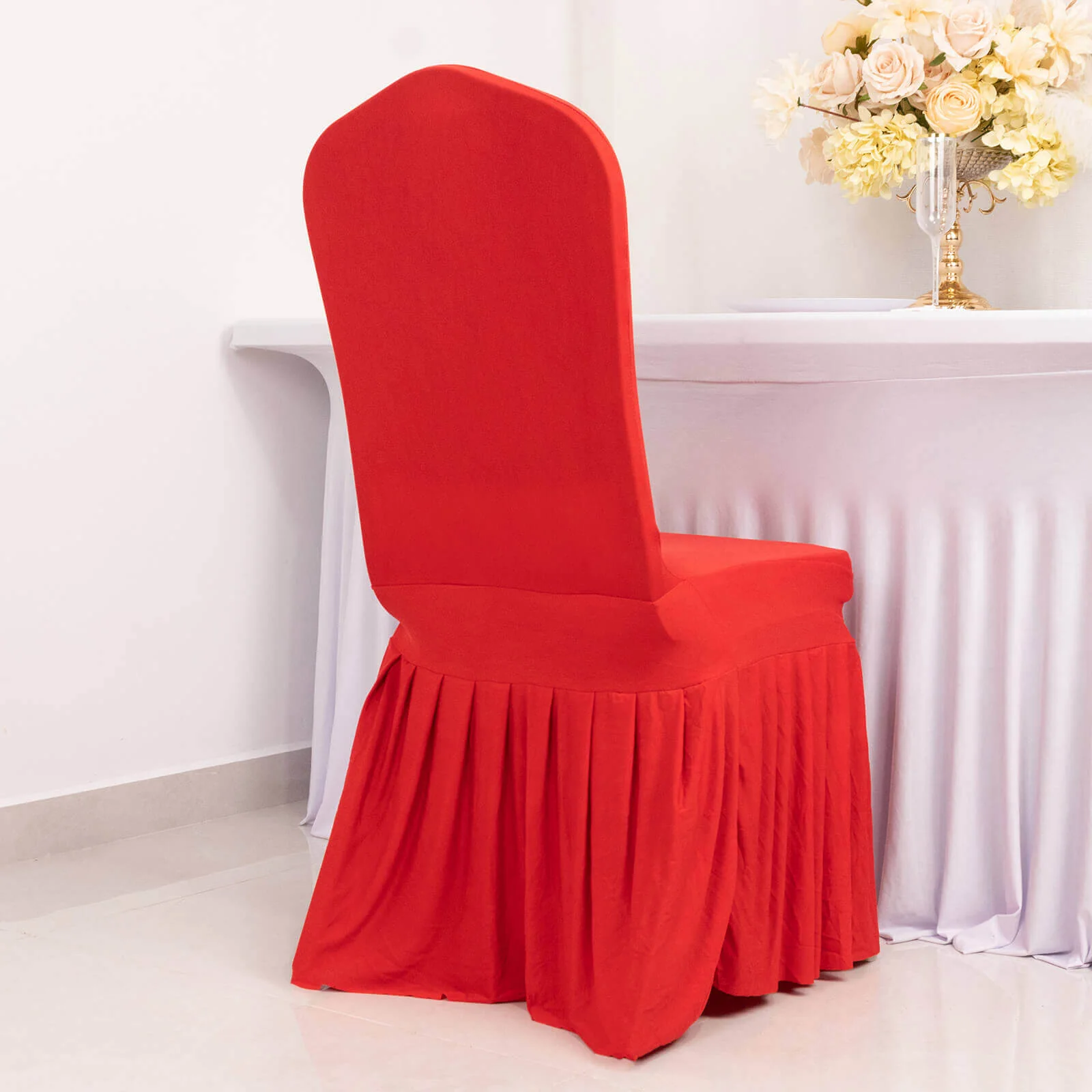 Ruffle Pleated Skirt Banquet Spandex Chair Cover Red - 1-Piece Stretch Fitted Slipcover - Image 2