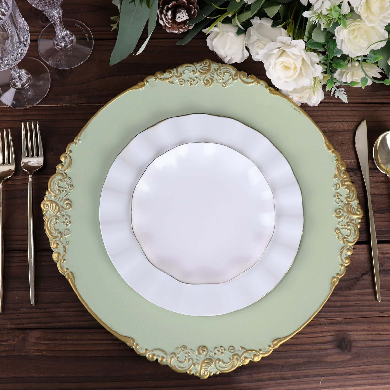 6-Pack Acrylic Charger Plates 13" Round Sage Green with Gold Embossed Baroque Rim - Antique Decorative Dinner Tableware - Image 2