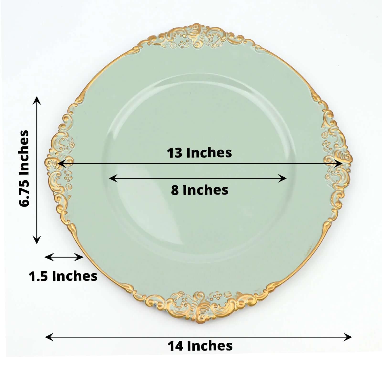 6-Pack Acrylic Charger Plates 13" Round Sage Green with Gold Embossed Baroque Rim - Antique Decorative Dinner Tableware - Image 3