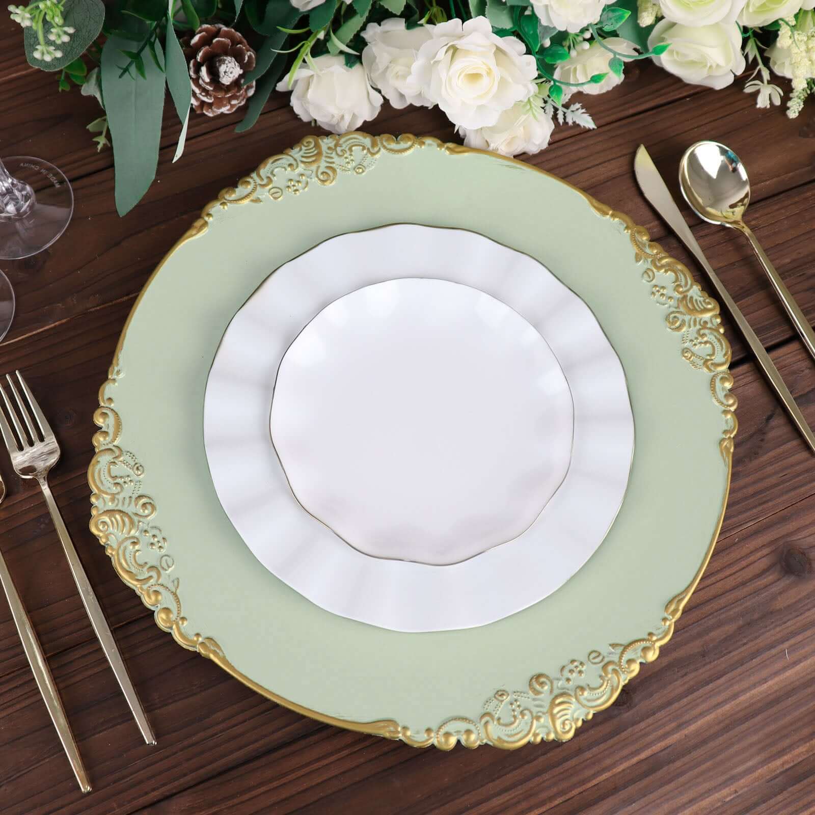 6-Pack Acrylic Charger Plates 13" Round Sage Green with Gold Embossed Baroque Rim - Antique Decorative Dinner Tableware - Image 6