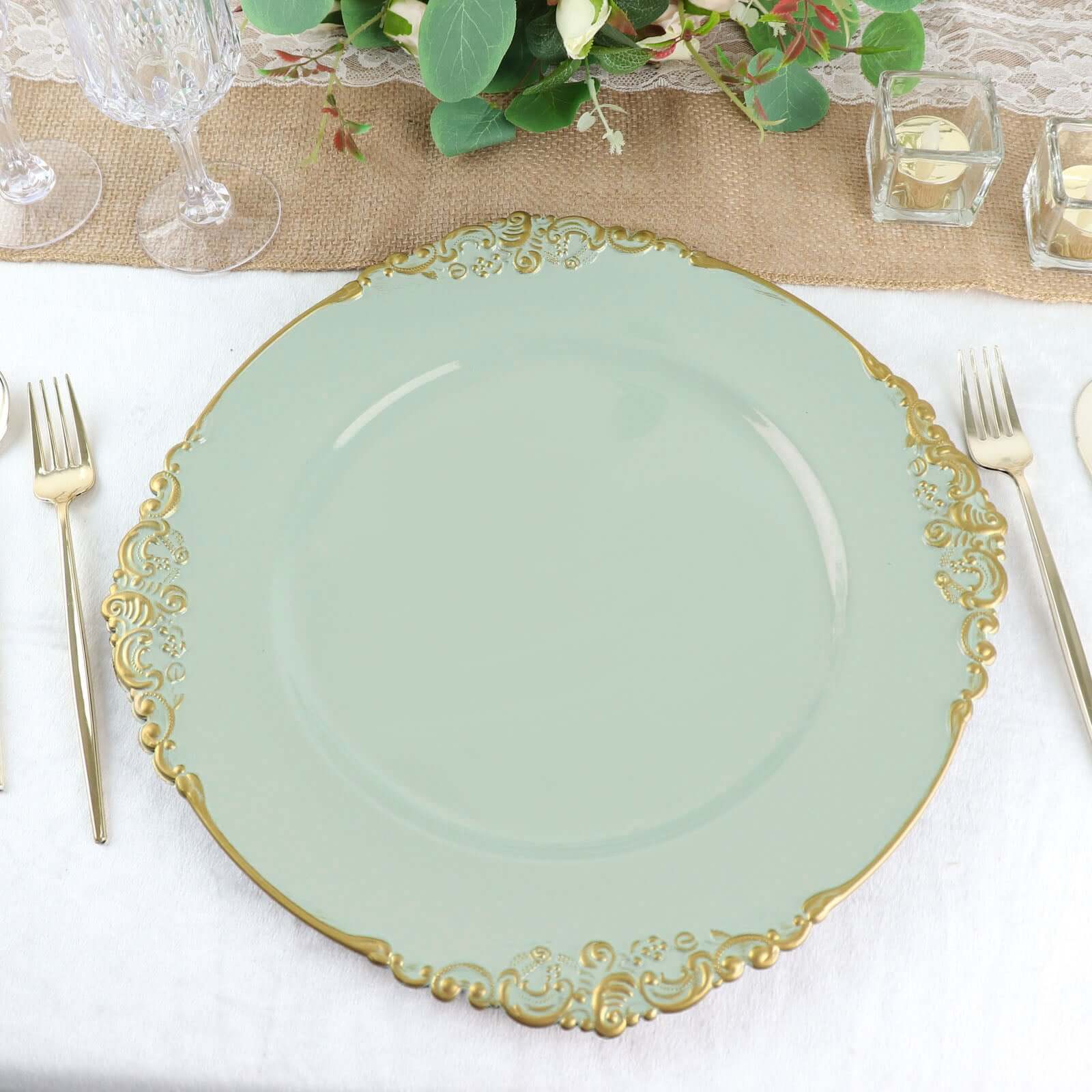 6-Pack Acrylic Charger Plates 13" Round Sage Green with Gold Embossed Baroque Rim - Antique Decorative Dinner Tableware - Image 8