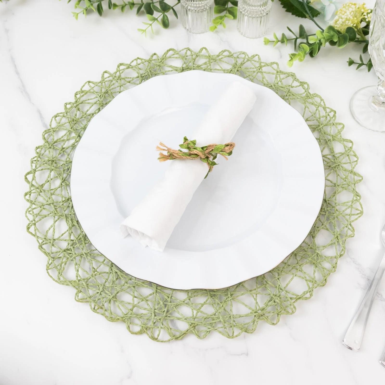 6-Pack Woven Fiber Table Placemats 15" Round Design Sage Green - Disposable Dining Mats - Image 6