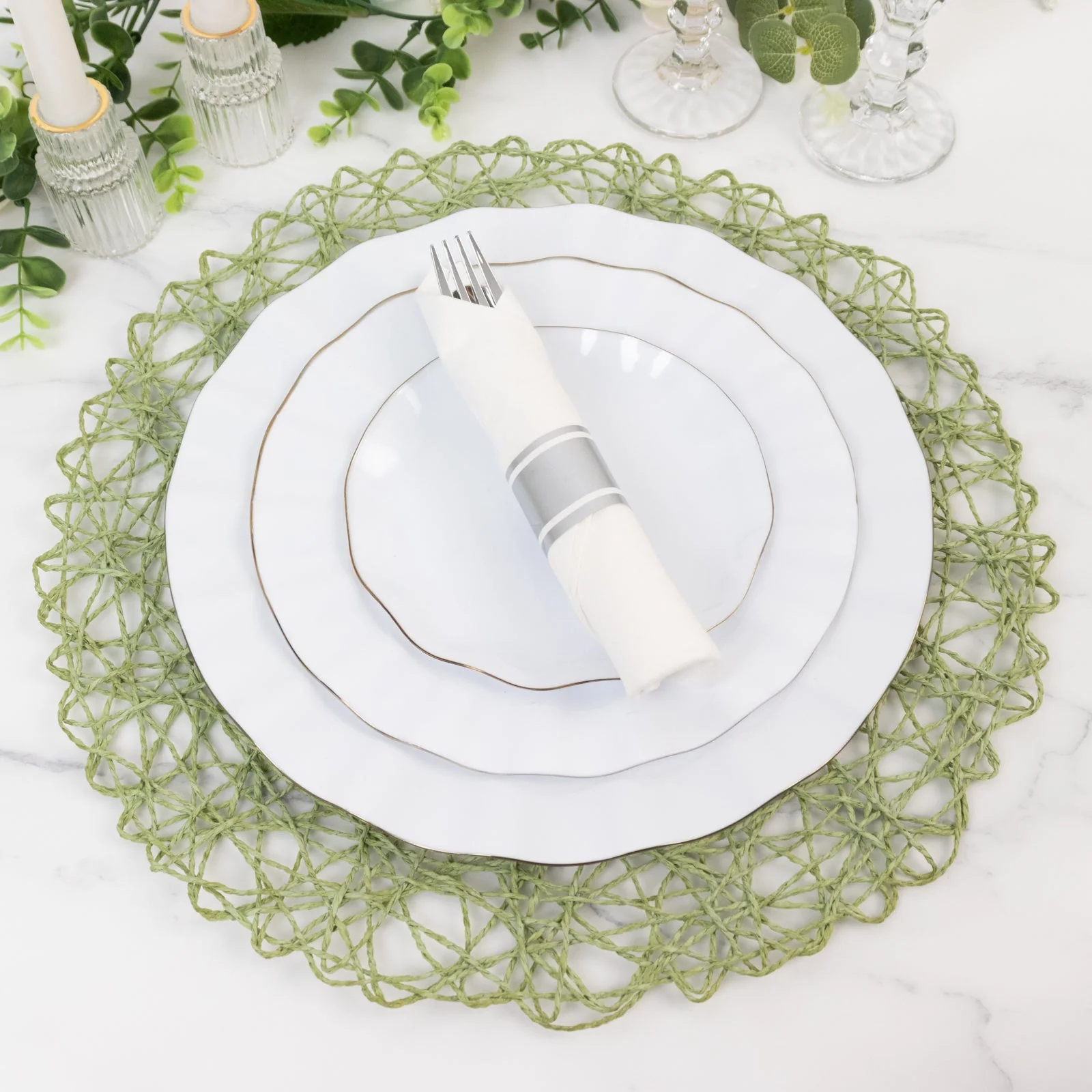 6-Pack Woven Fiber Table Placemats 15" Round Design Sage Green - Disposable Dining Mats - Image 7