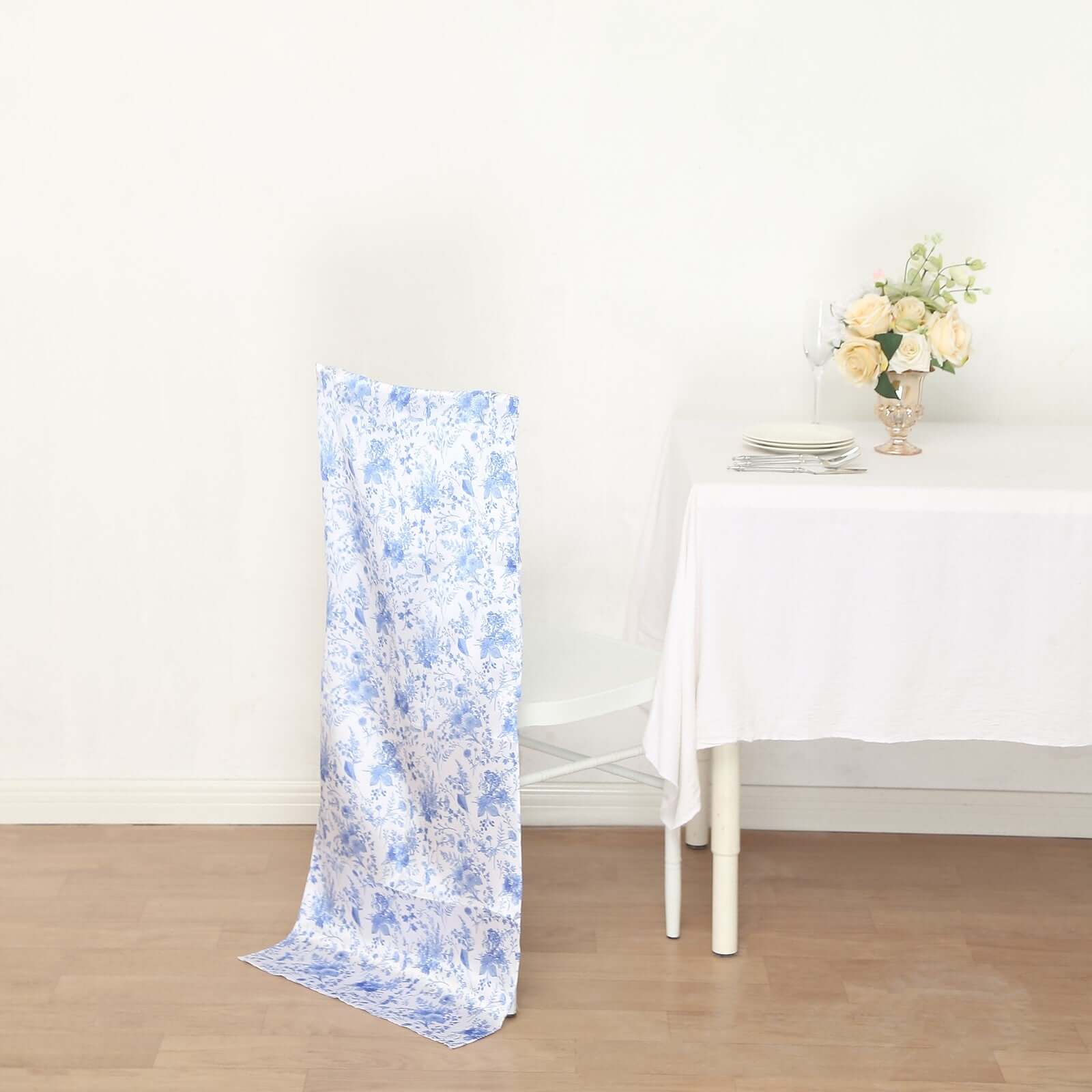 Satin Chiavari Chair Slipcover White/Blue in French Toile Floral Print - Sophisticated Wedding Chair Back Cover - Image 4