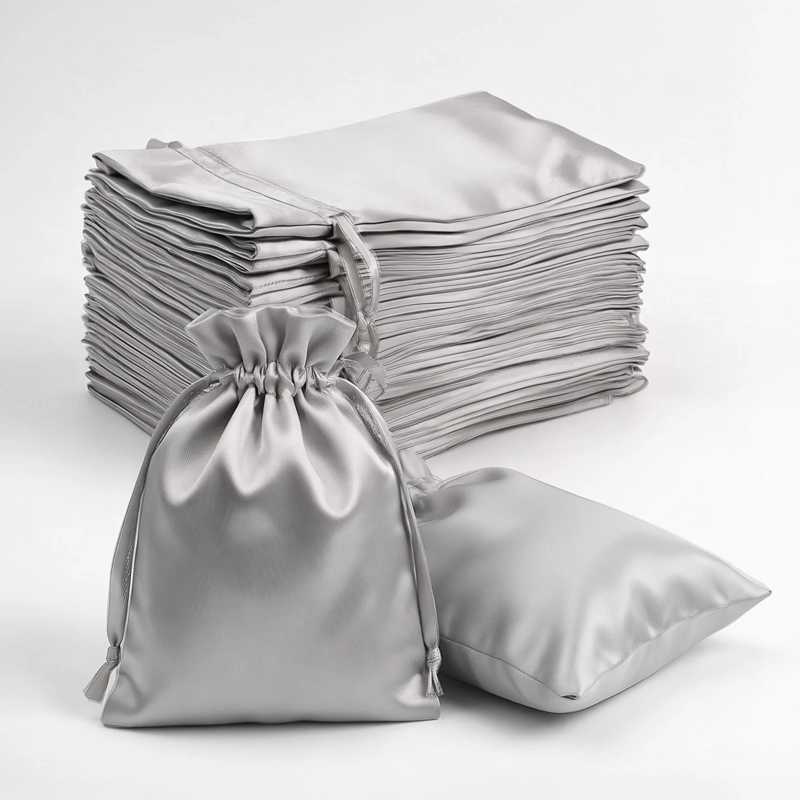 60 Pack Satin Drawstring Favor Bags, Silver 3"x4" Jewelry & Candy Gift Bags for Weddings & Parties