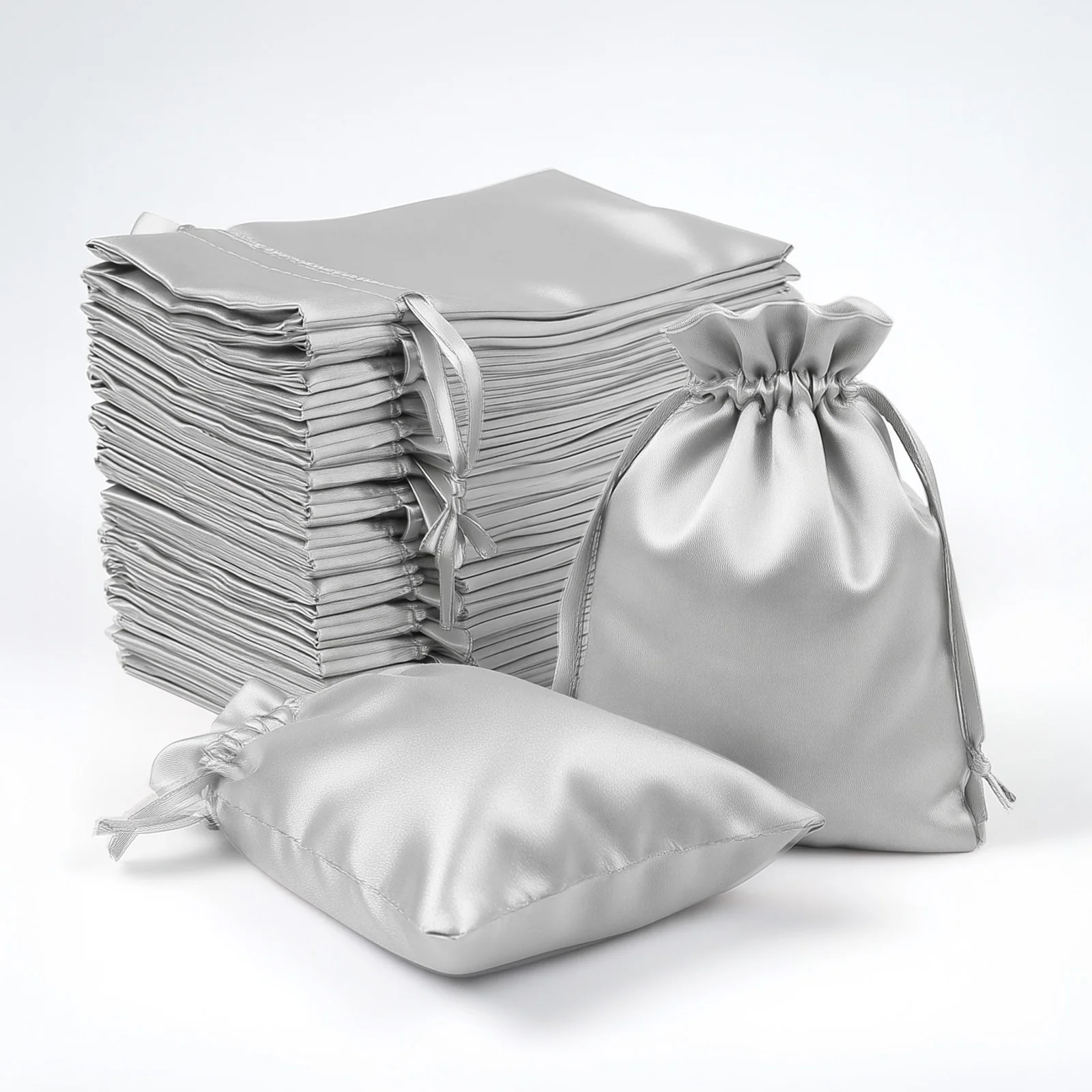 60 Pack Satin Drawstring Favor Bags, Silver 3"x4" Jewelry & Candy Gift Bags for Weddings & Parties - Image 6