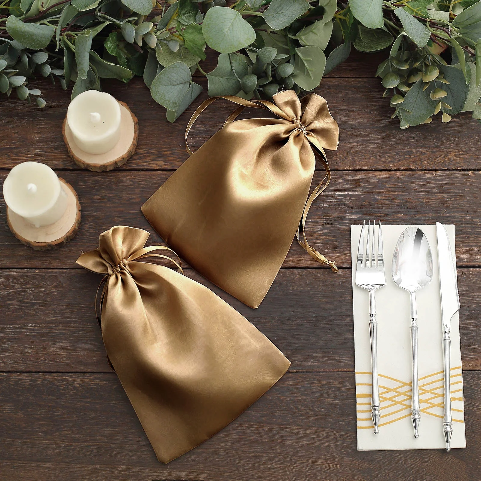 60 Pack Antique Gold Satin Wedding Party Favor Bags, Drawstring Pouch Gift Bags 6"x9" - Image 7