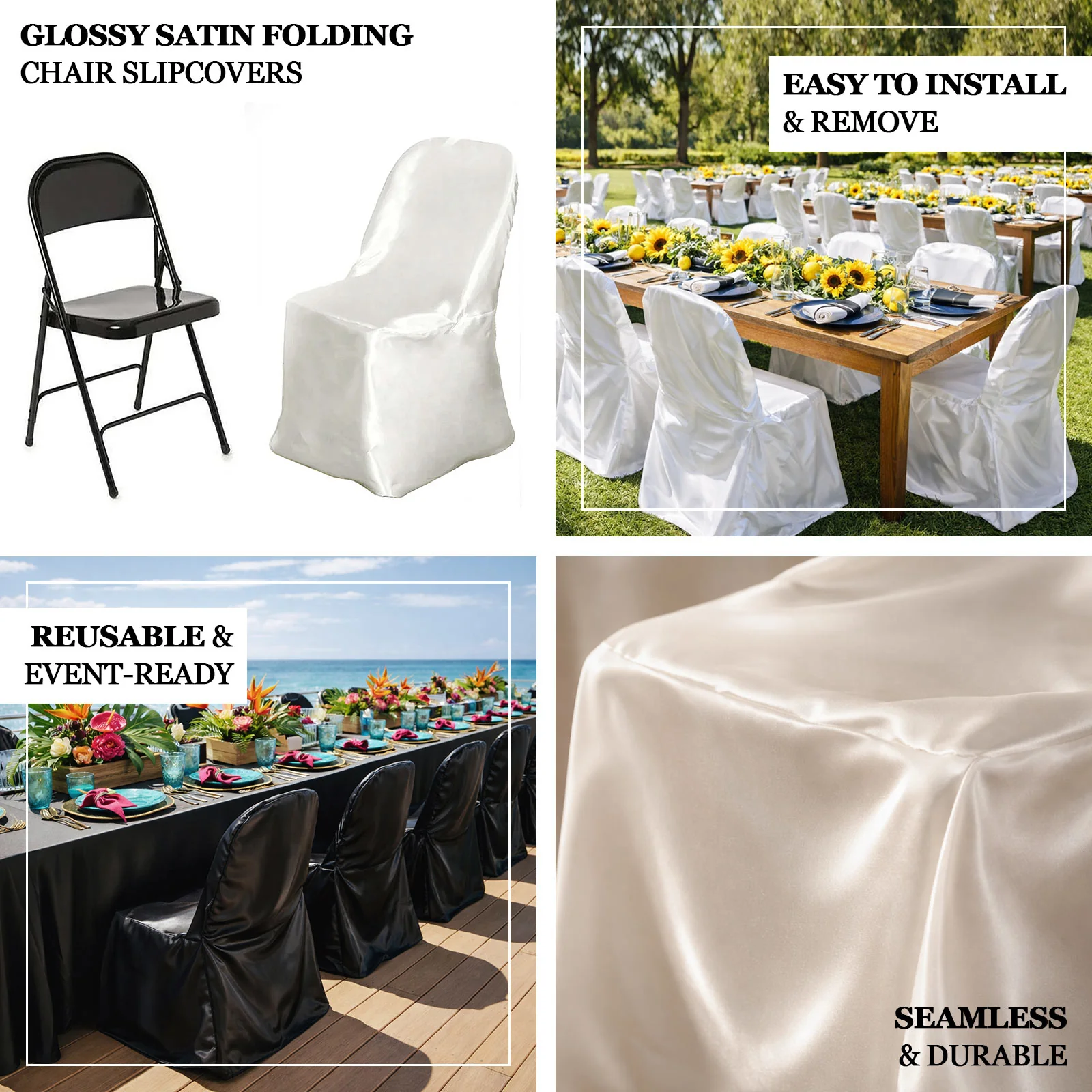 Satin Folding Chair Covers Black with Glossy Sheen - Reusable Slipcover - Image 4