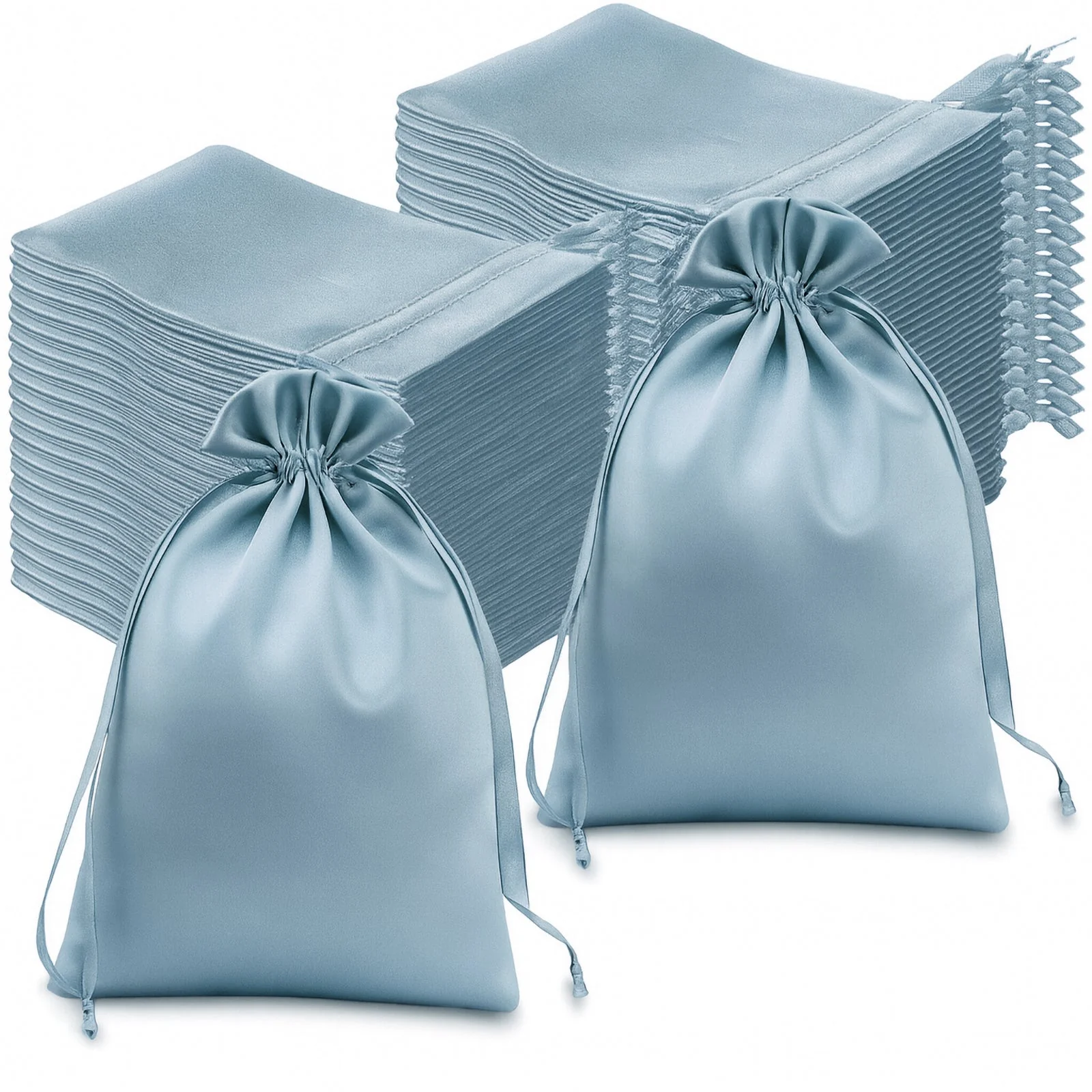 60 Pack Dusty Blue Satin Wedding Party Favor Bags, Drawstring Pouch Gift Bags 6"x9" - Image 6