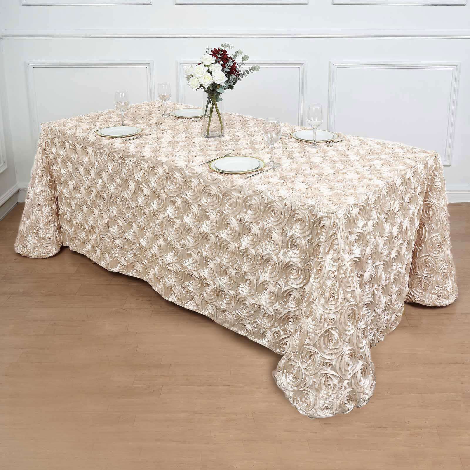Satin Rectangle Tablecloth 90"x132" Beige - Grandiose 3D Rosette Table Cover - Image 5