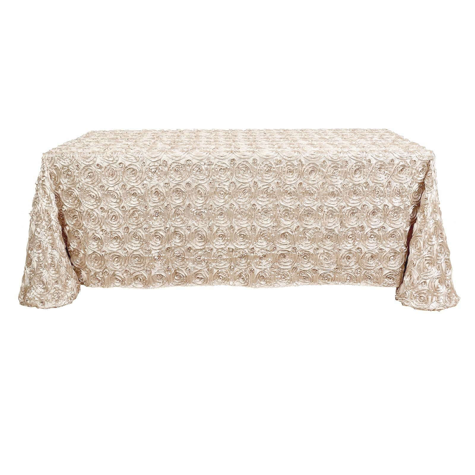 Satin Rectangle Tablecloth 90"x132" Beige - Grandiose 3D Rosette Table Cover - Image 6