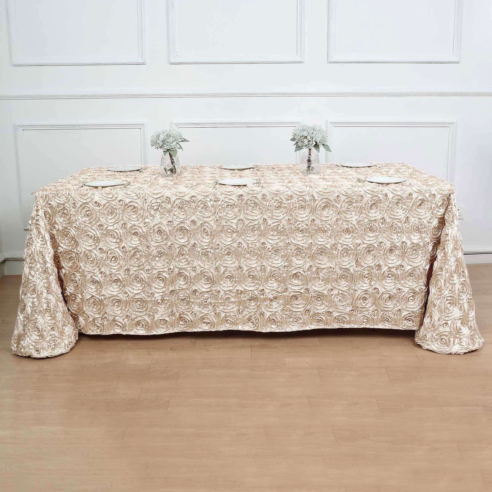 Satin Rectangle Tablecloth 90"x132" Beige - Grandiose 3D Rosette Table Cover - Image 7