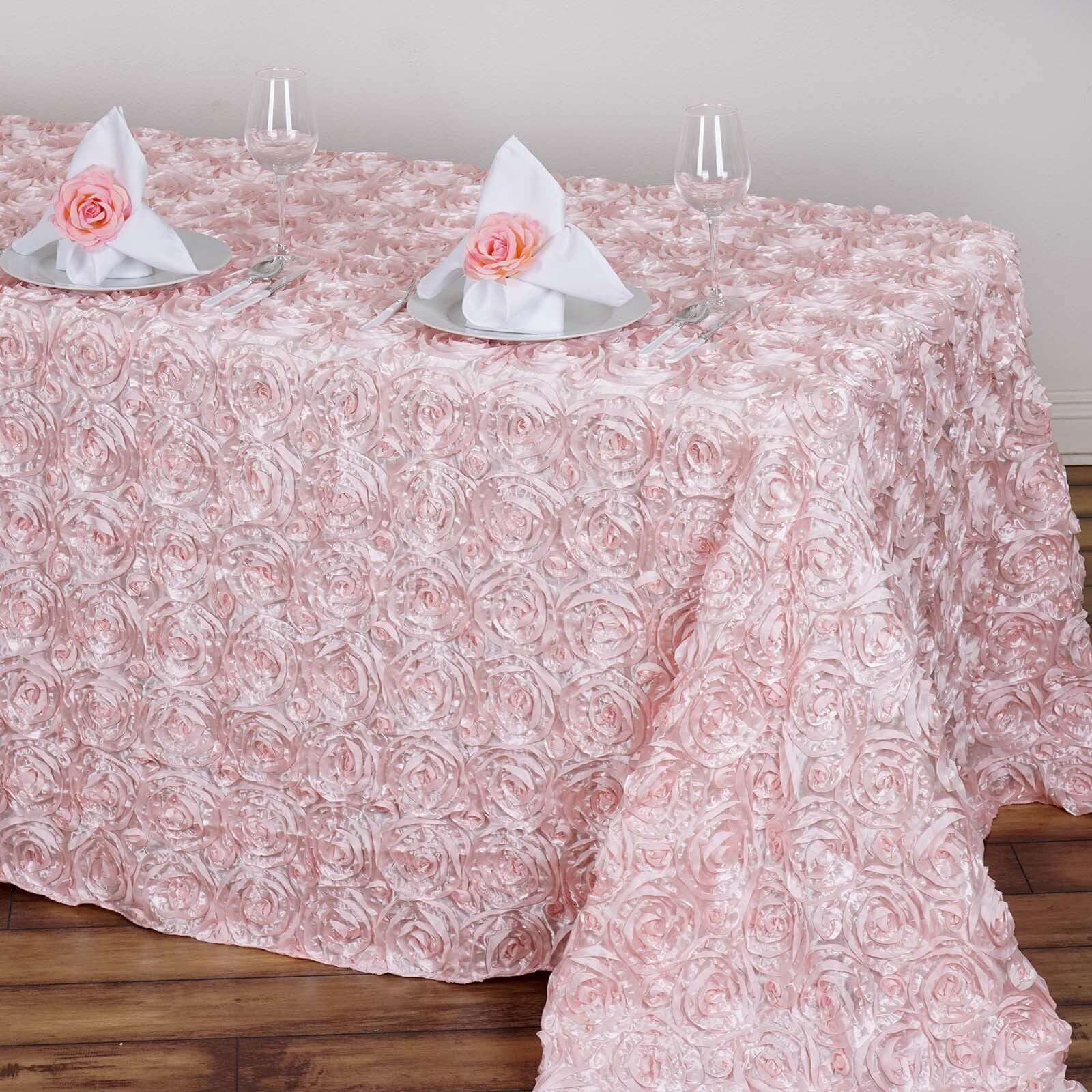 Satin Rectangle Tablecloth 90"x132" Blush - Grandiose 3D Rosette Table Cover - Image 6