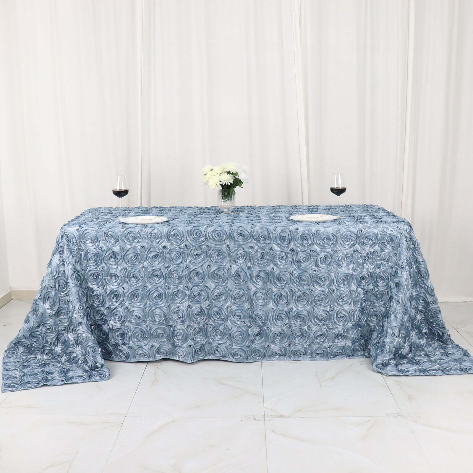 Satin Rectangle Tablecloth 90"x132" Dusty Blue - Grandiose 3D Rosette Table Cover - Image 6
